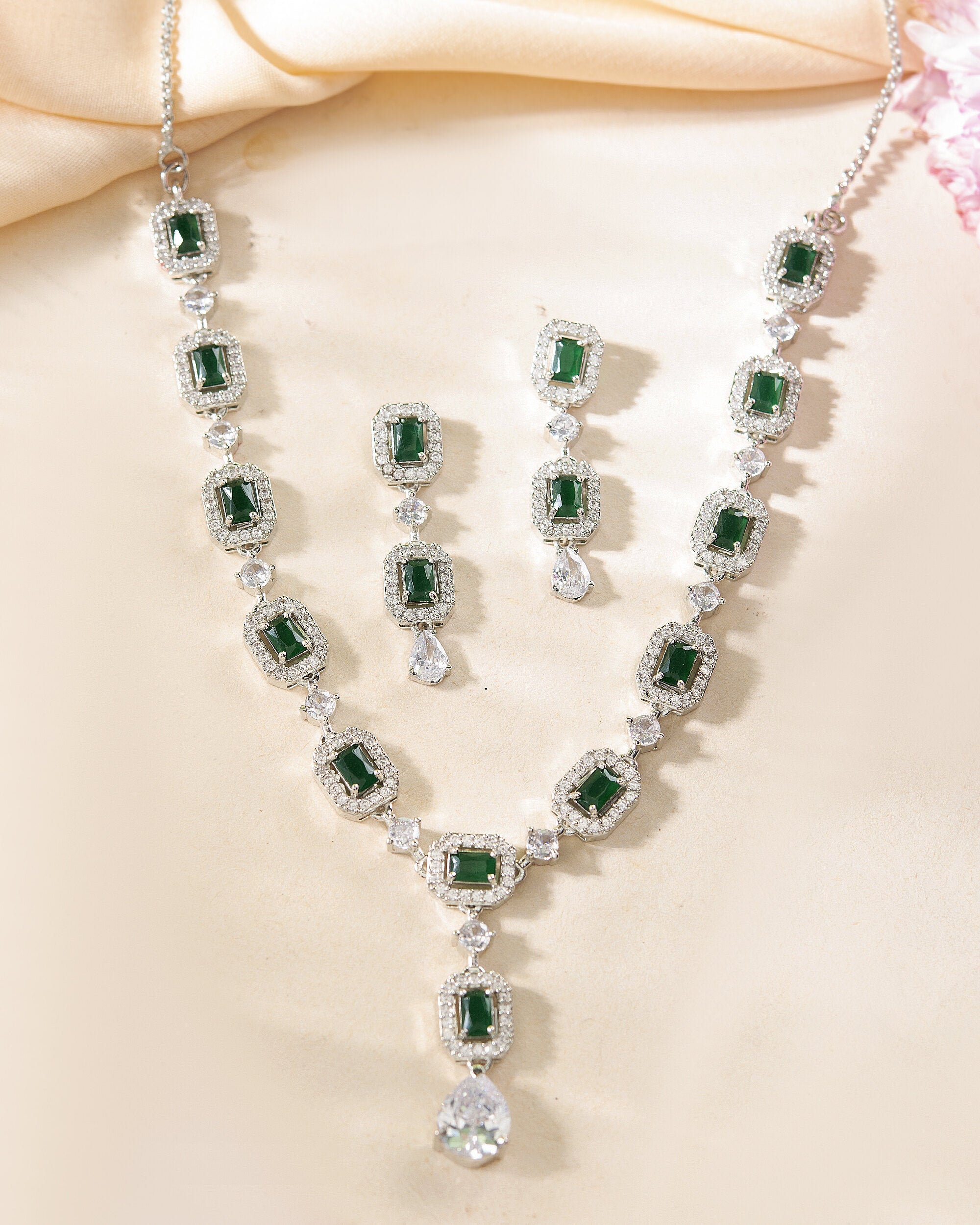 VOJ Silver Plated Green Stone Geometrical Shaped AD Jewellery Set - Distacart