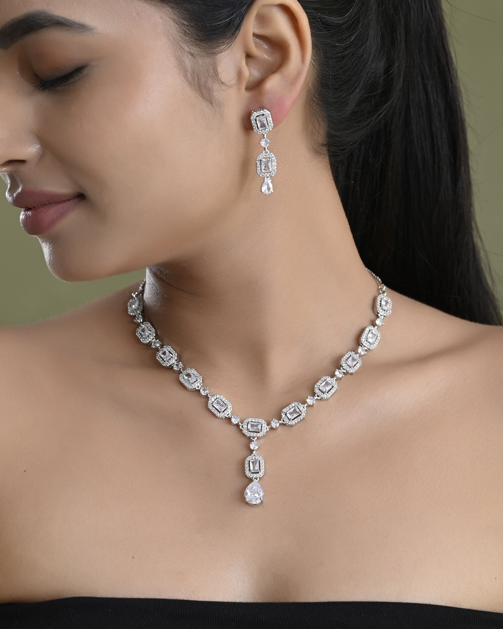 VOJ Silver Plated Geometrical Shaped AD Jewellery Set - Distacart