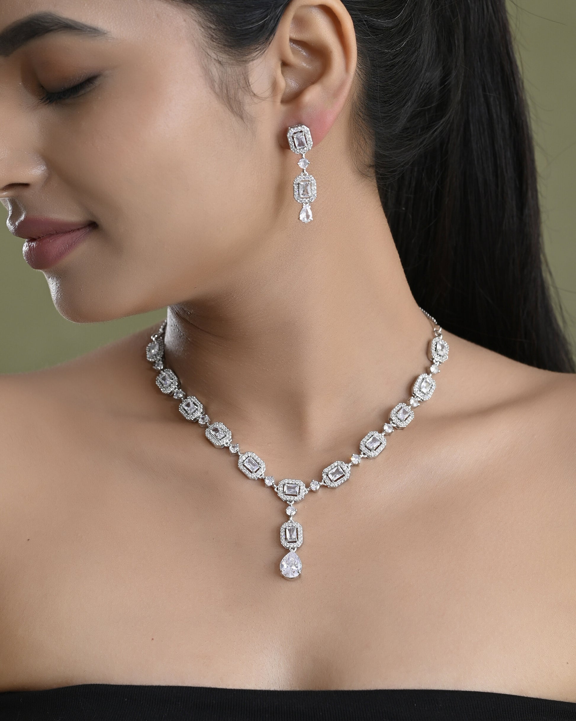 VOJ Silver Plated Geometrical Shaped AD Jewellery Set - Distacart