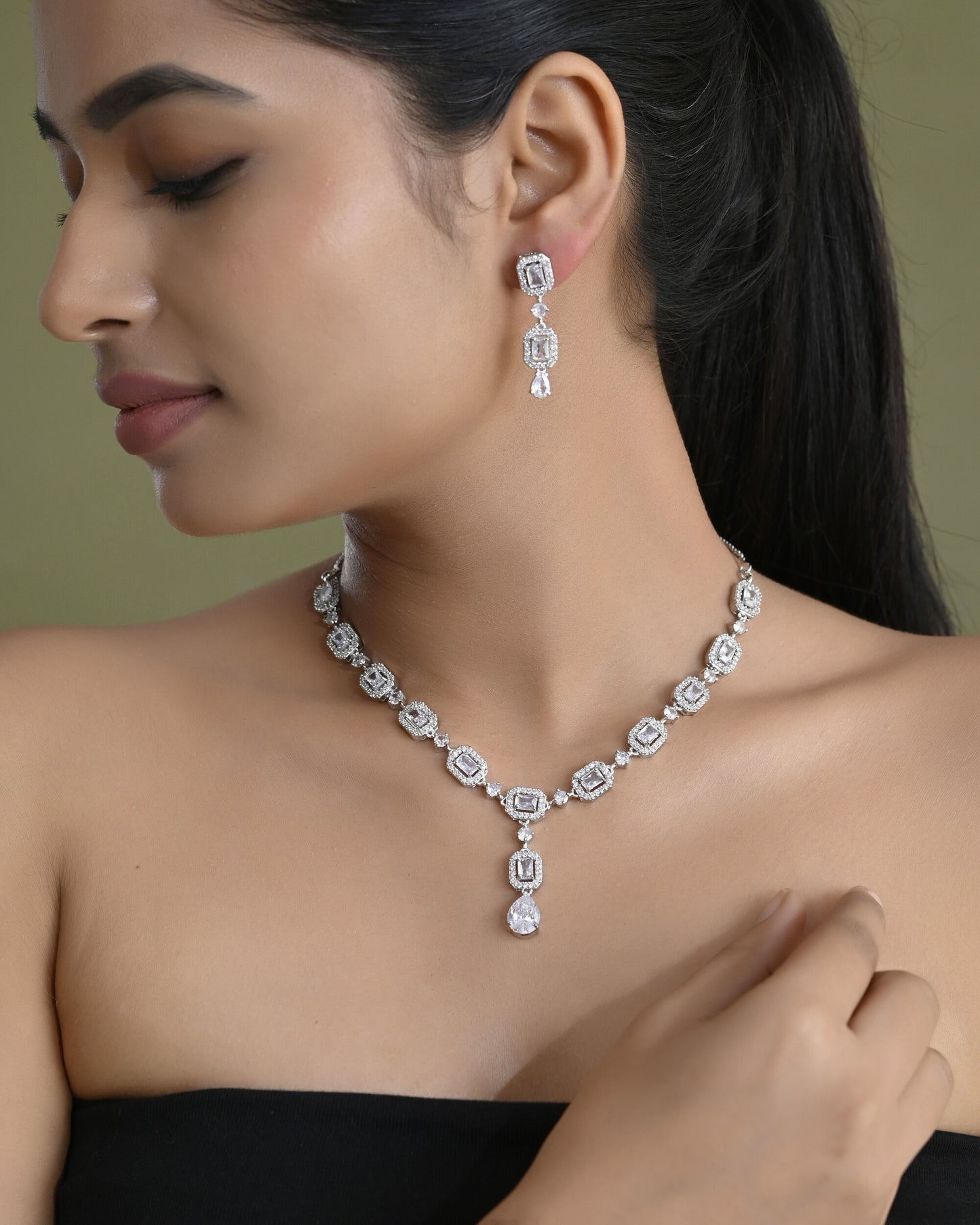 VOJ Silver Plated Geometrical Shaped AD Jewellery Set - Distacart