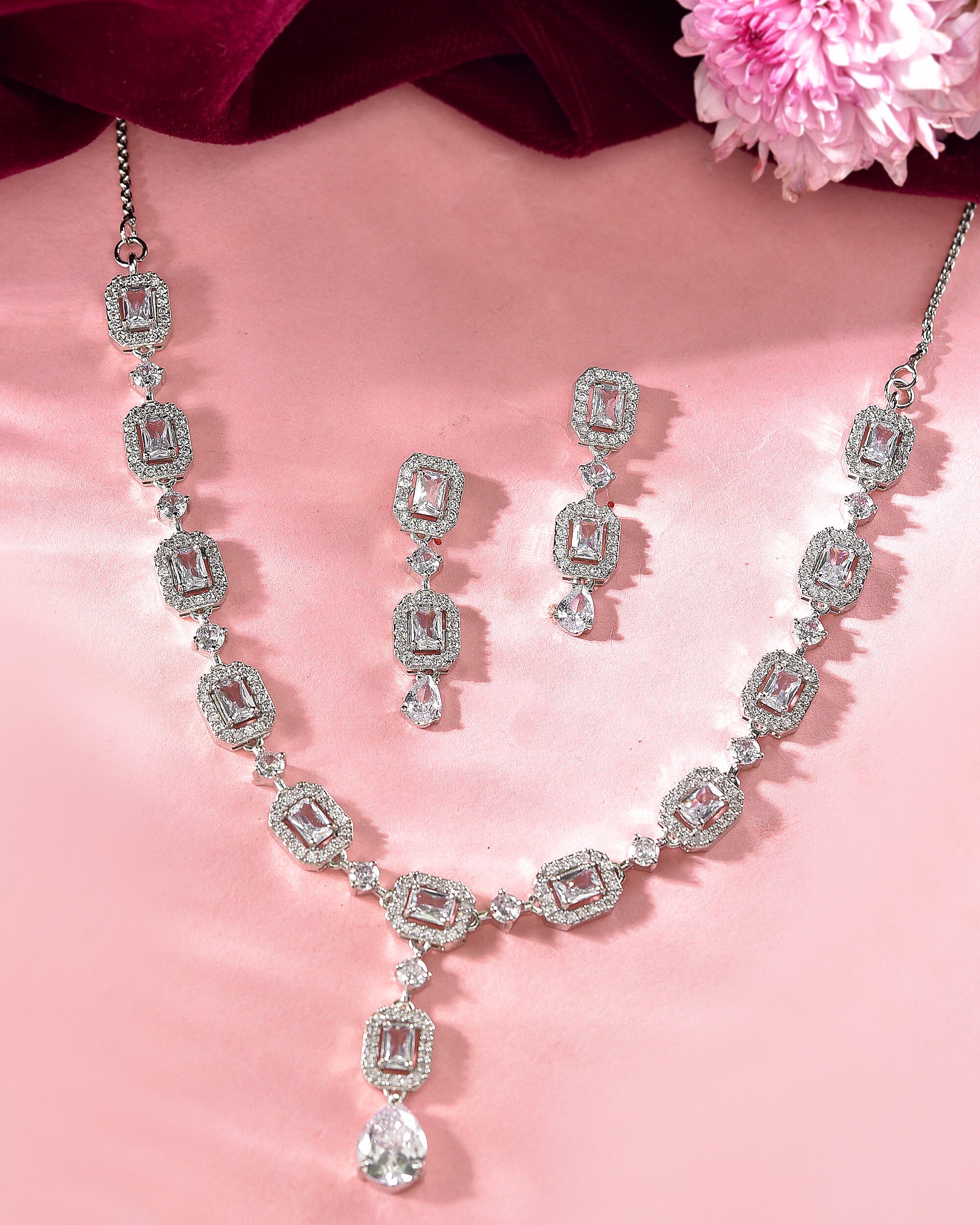 VOJ Silver Plated Geometrical Shaped AD Jewellery Set - Distacart