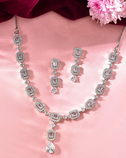 VOJ Silver Plated Geometrical Shaped AD Jewellery Set - Distacart
