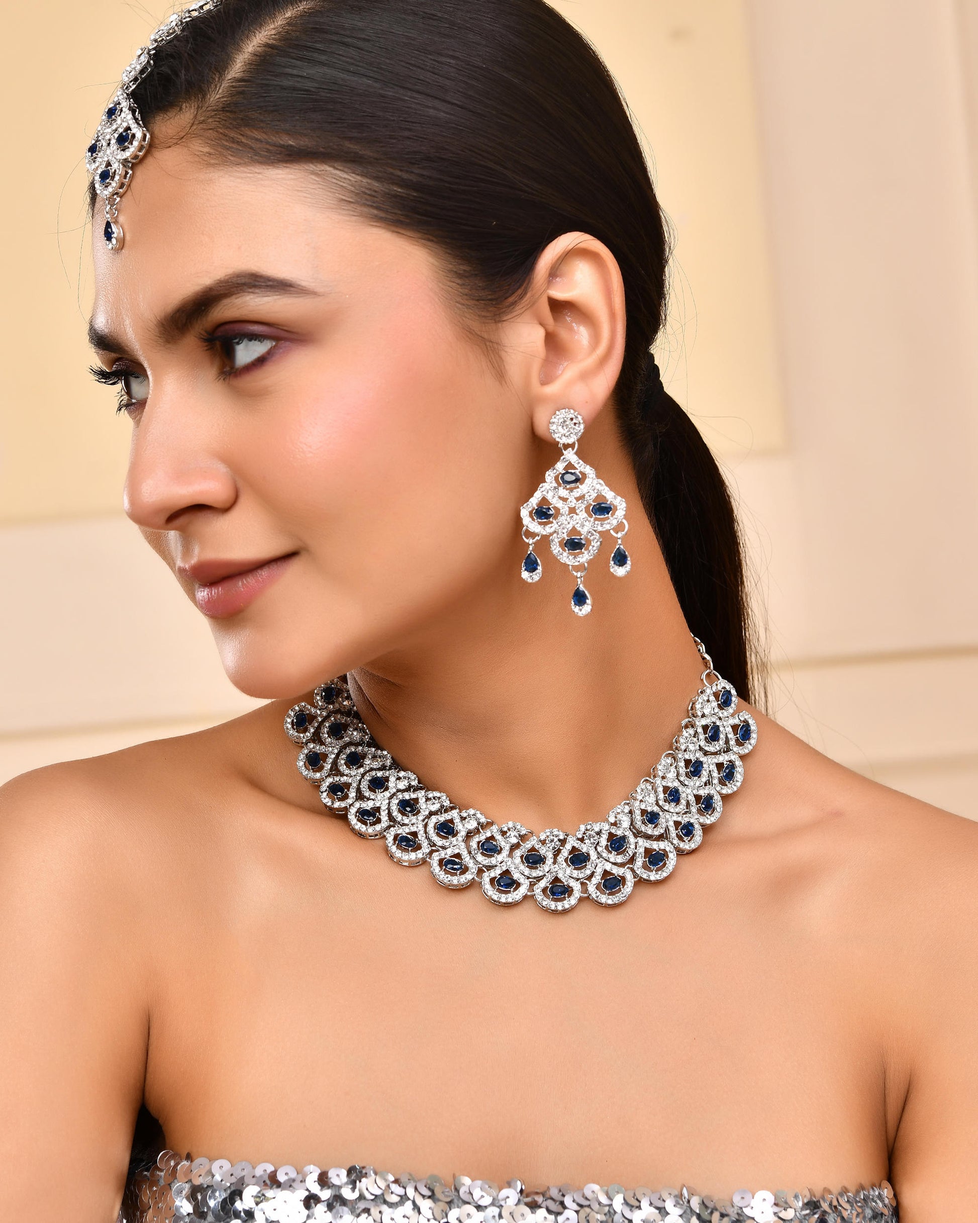 VOJ Silver-Plated Blue AD-Studded Elegent Jewellery Set - Distacart