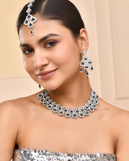 VOJ Silver-Plated Blue AD-Studded Elegent Jewellery Set - Distacart