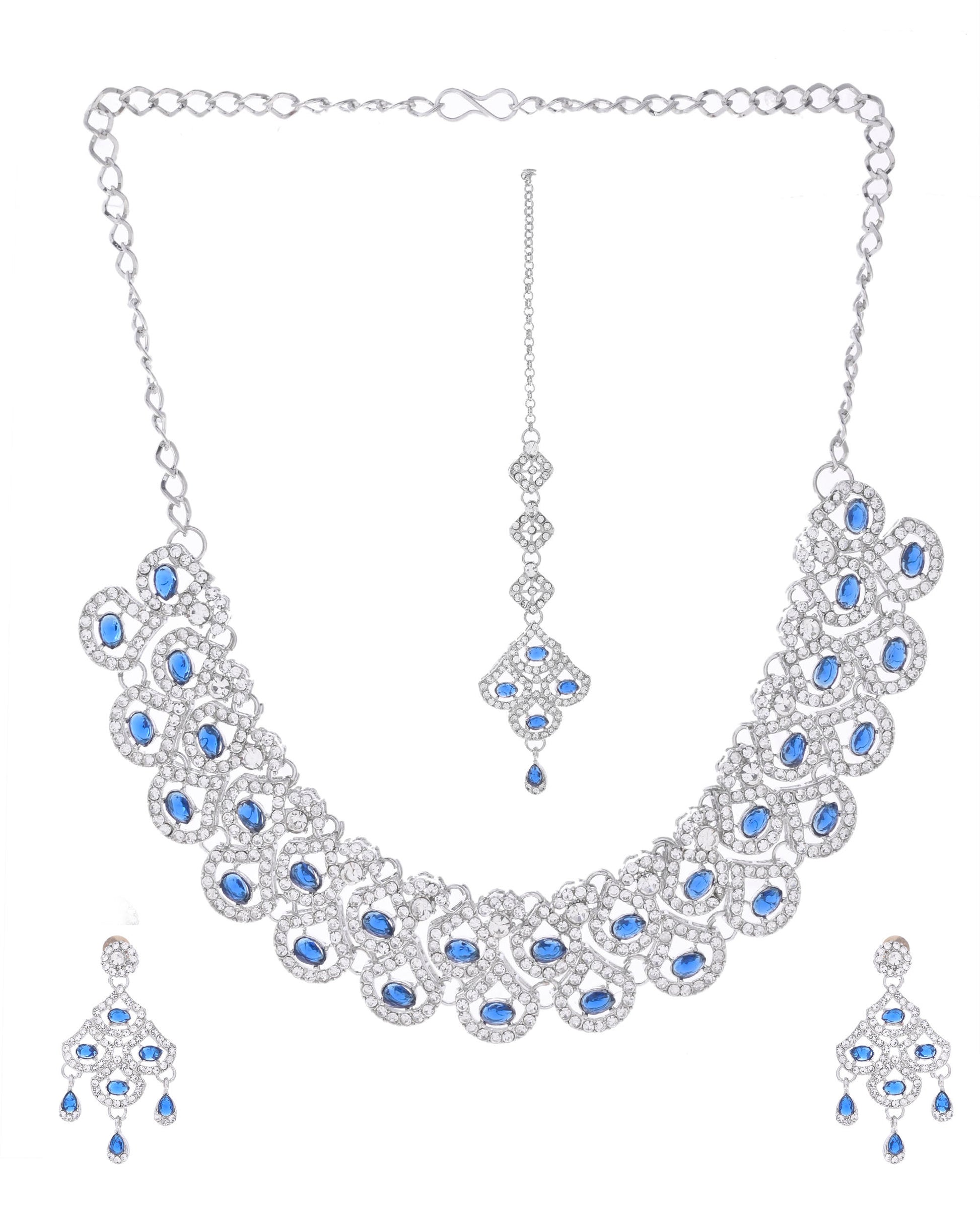 VOJ Silver-Plated Blue AD-Studded Elegent Jewellery Set - Distacart
