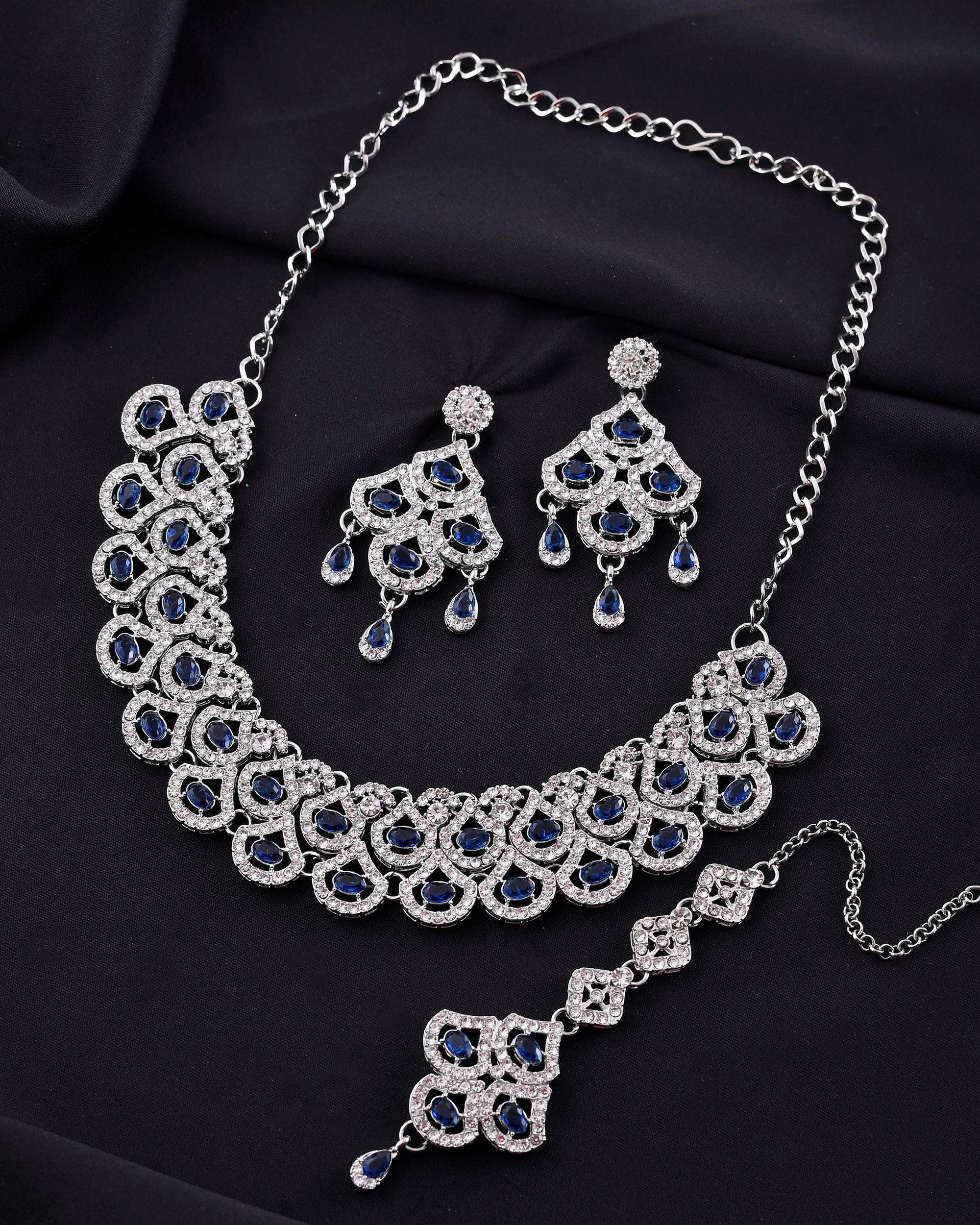 VOJ Silver-Plated Blue AD-Studded Elegent Jewellery Set - Distacart