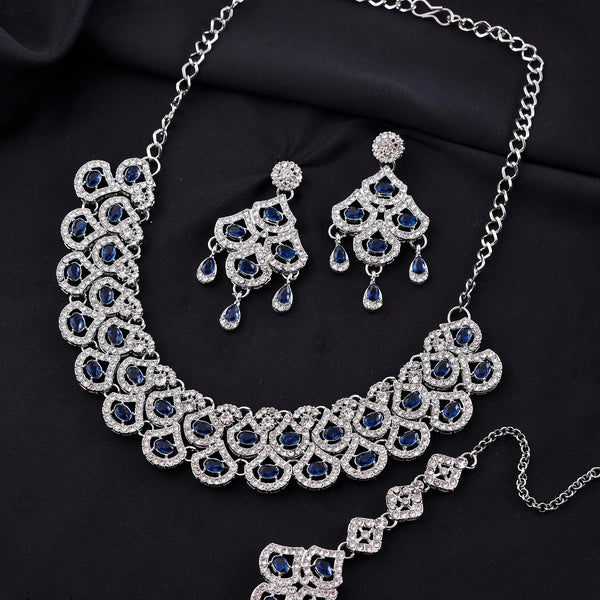 VOJ Silver-Plated Blue AD-Studded Elegent Jewellery Set - Distacart
