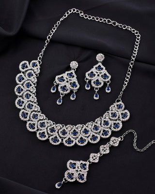 VOJ Silver-Plated Blue AD-Studded Elegent Jewellery Set - Distacart