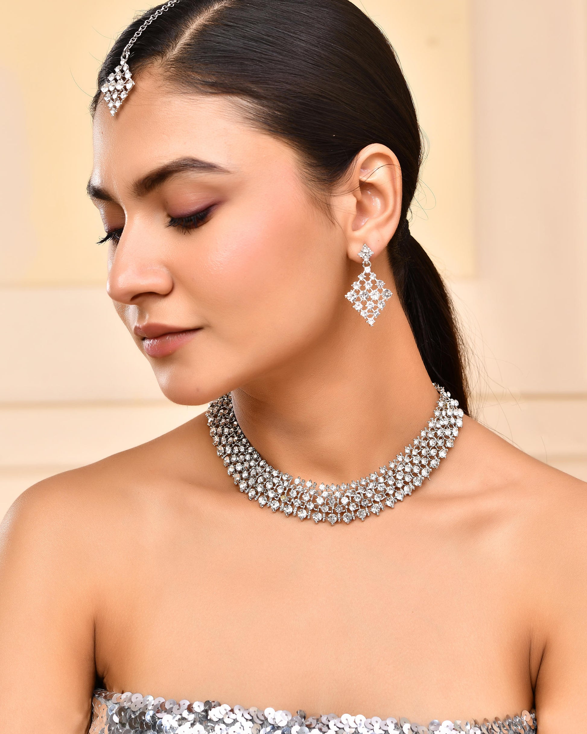 VOJ Silver-Plated AD-Studded Handcrafted Jewellery Set - Distacart