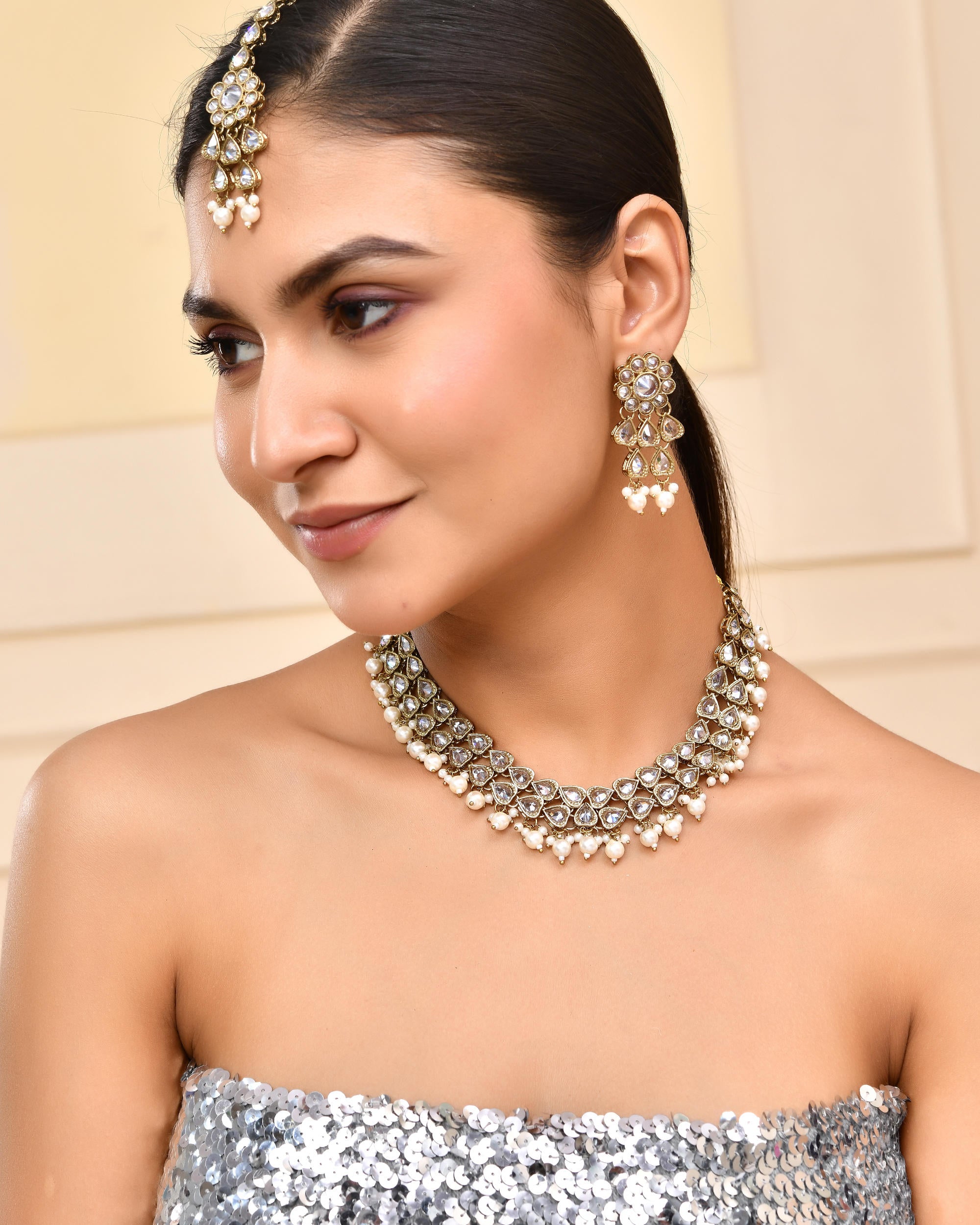 VOJ Gold-Polished White Beats Stuuded Handcrafted Jewellery Set - Distacart