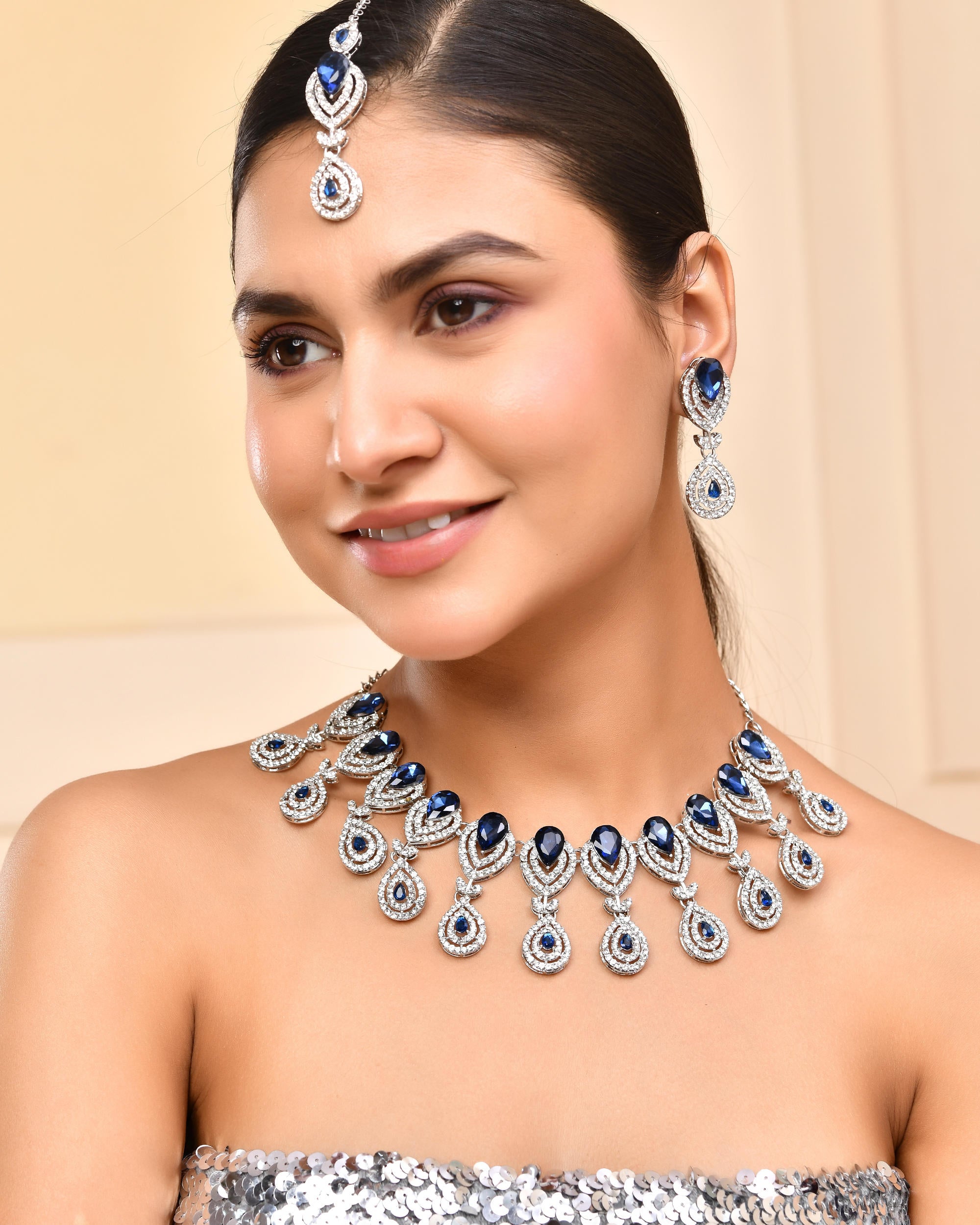 VOJ Silver-Plated Blue AD-Studded Tear Drop Shape Jewellery Set - Distacart