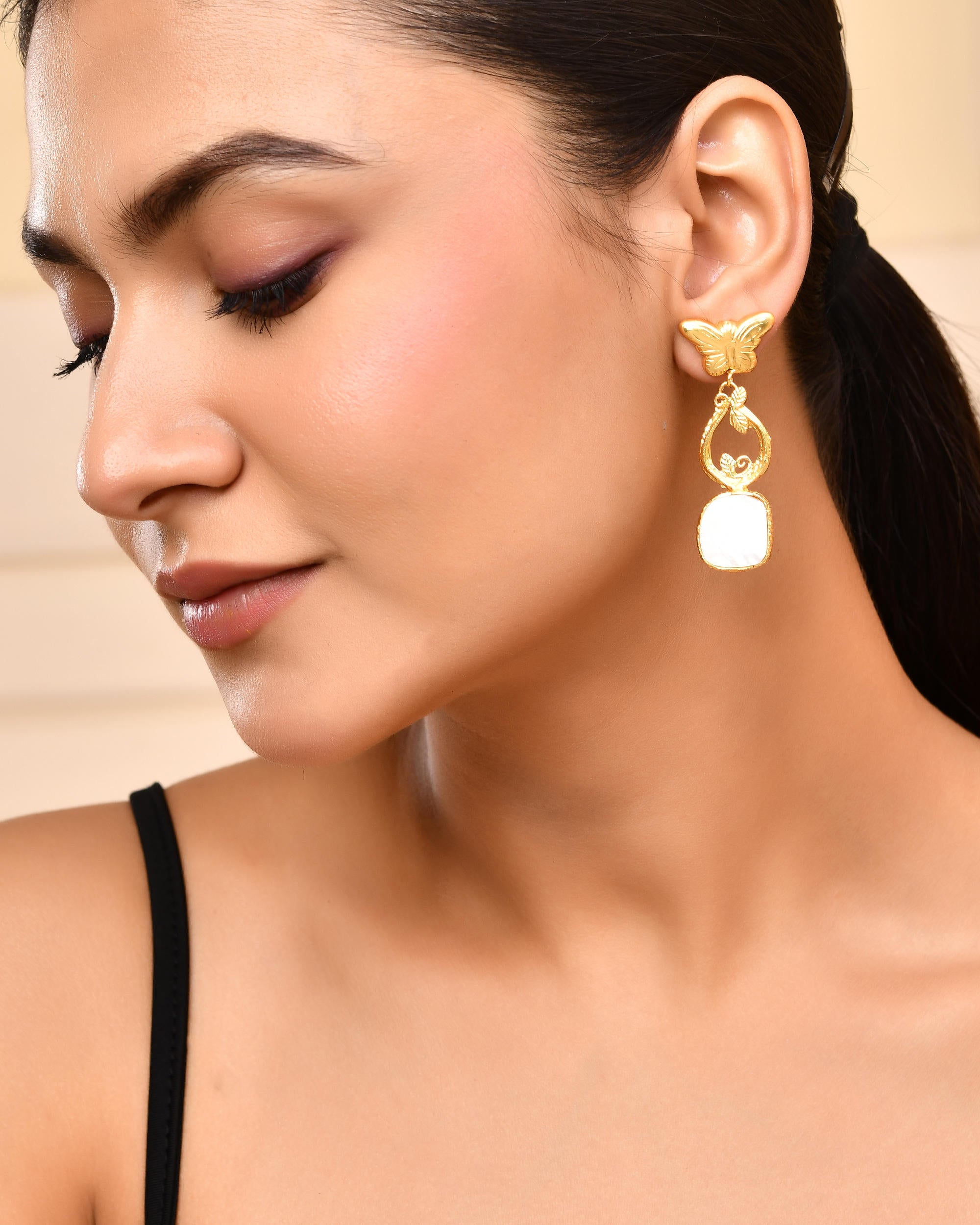 VOJ Gold-Polished Stone Studded Designer Anti Tarnish Earrings - Distacart