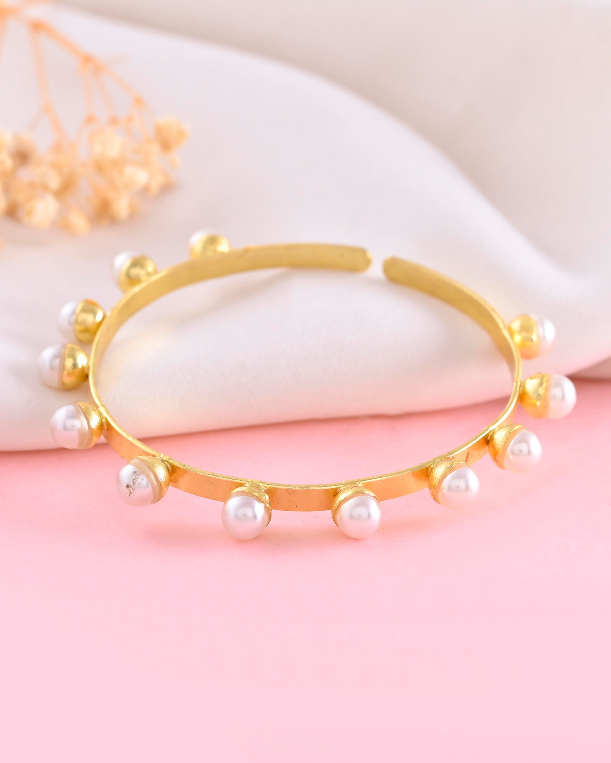 VOJ Gold-Polished Pearl Studded Kada Barcelet - Distacart