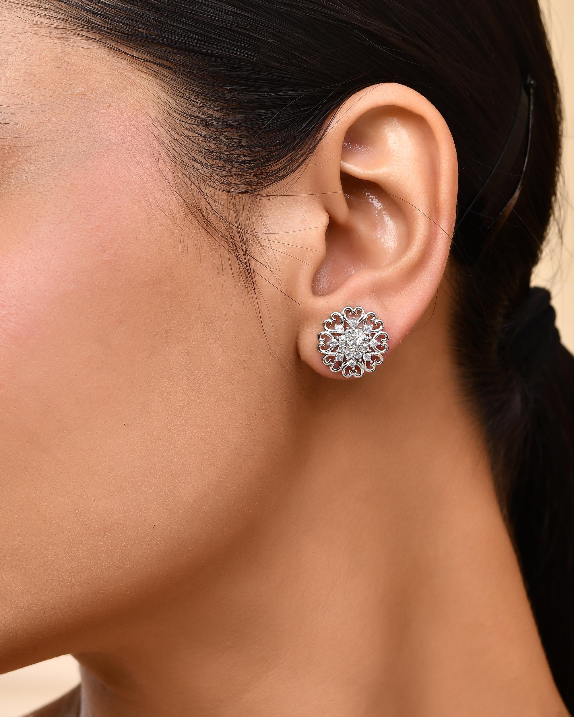 VOJ Silver Plated AD-Studded Flower Shape Stud Earrings - Distacart