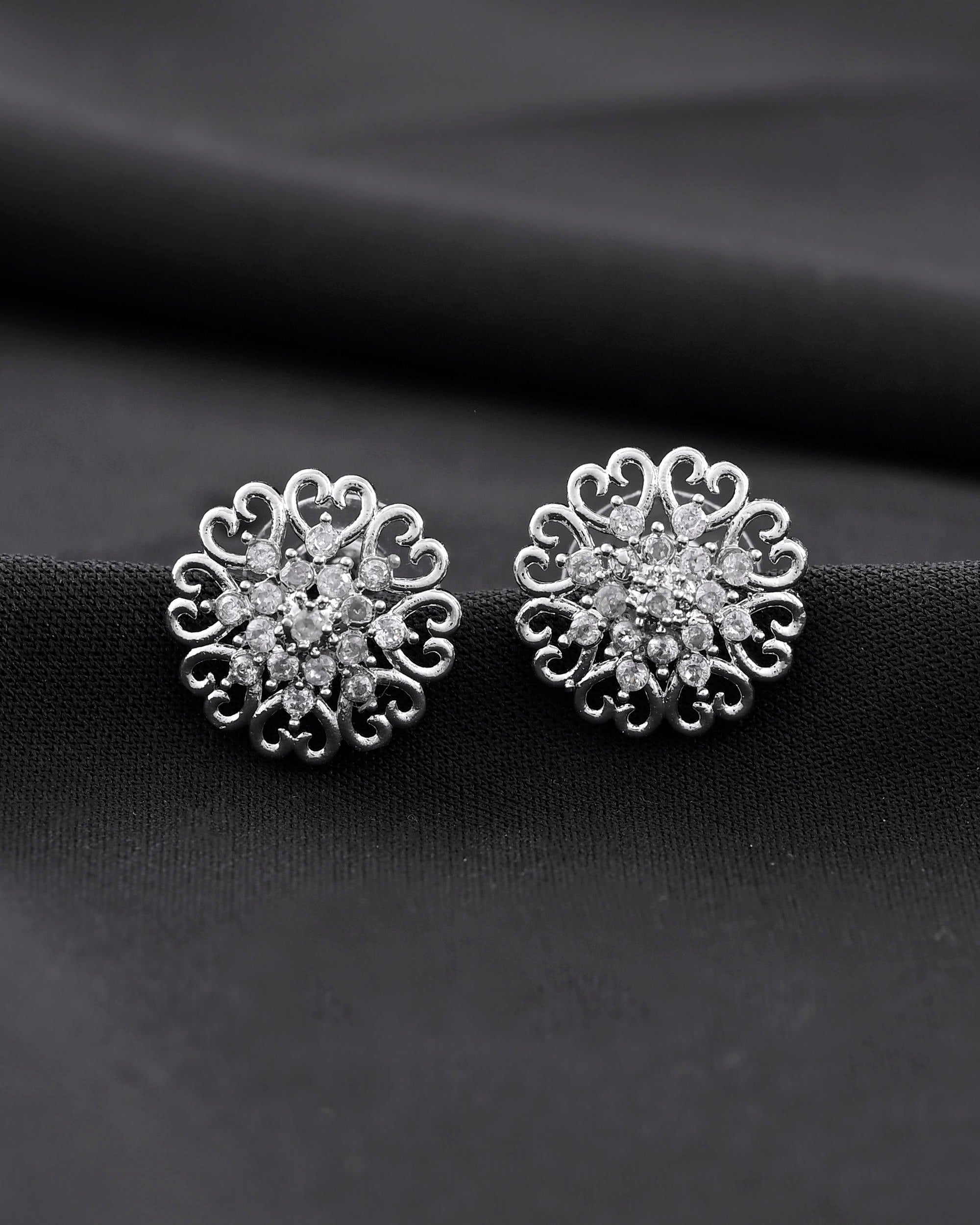 VOJ Silver Plated AD-Studded Flower Shape Stud Earrings - Distacart