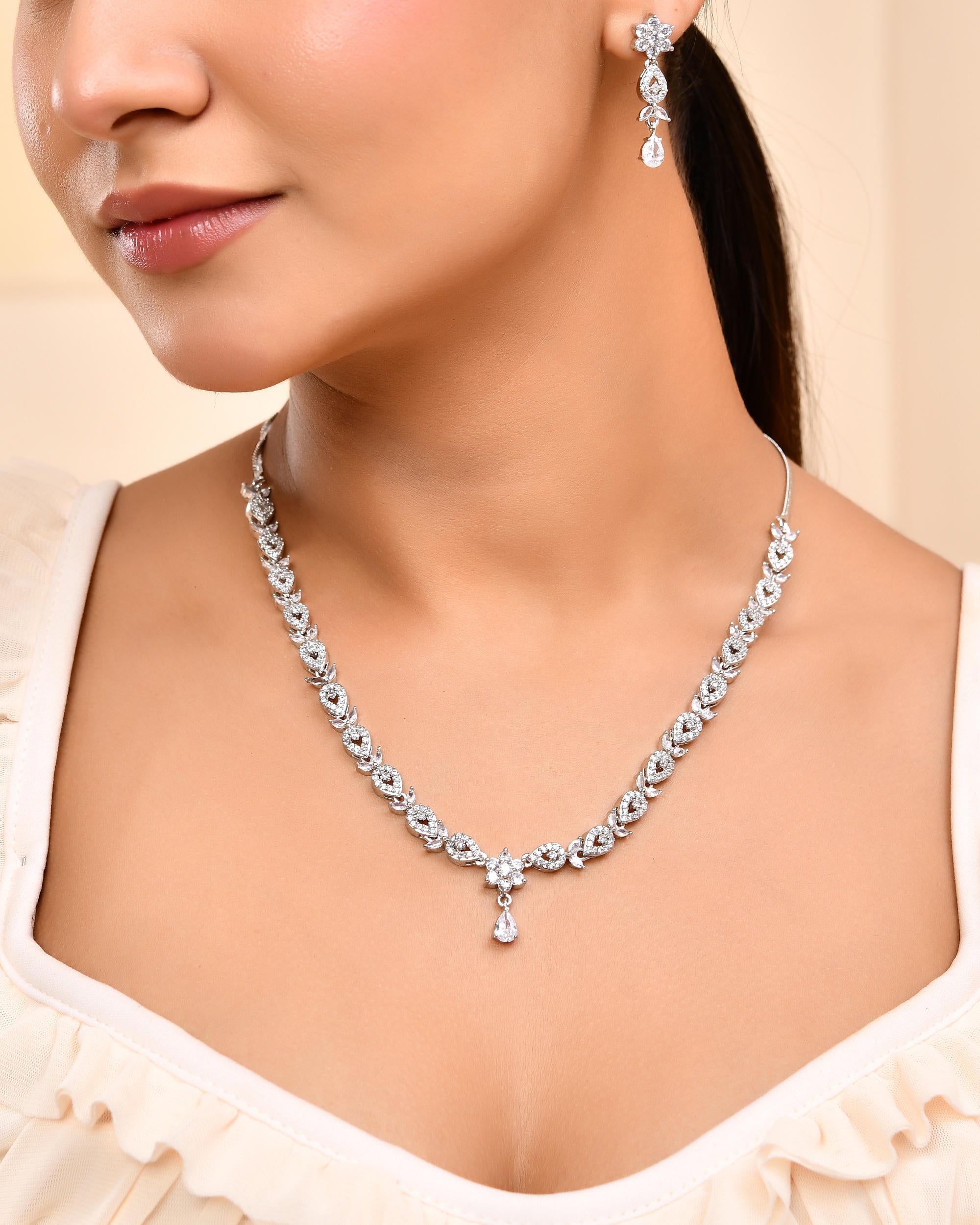 VOJ Silver Plated AD Studded Classic Jewellery Set - Distacart