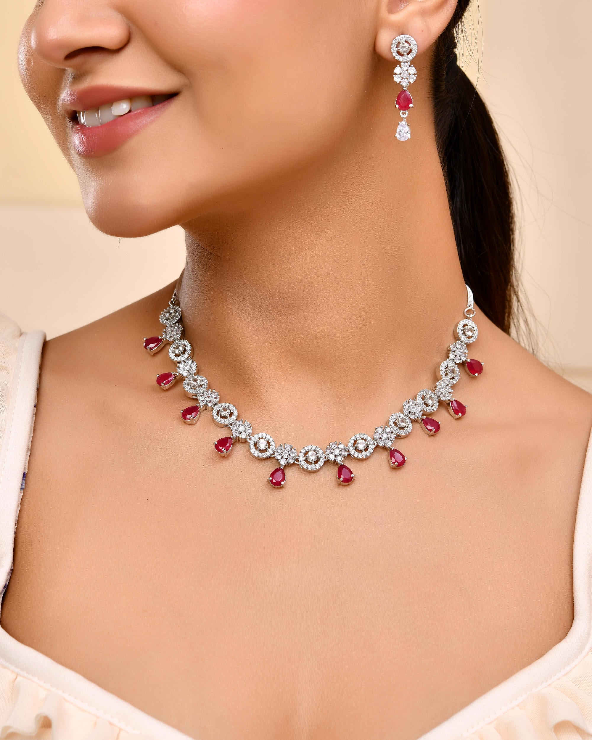 VOJ Silver Plated AD Studded Circular Shape Jewellery Set - Distacart