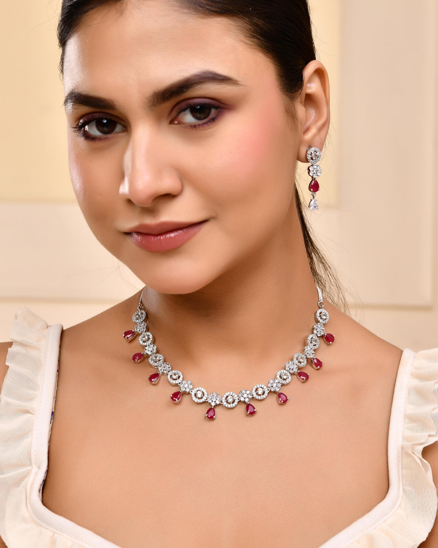 VOJ Silver Plated AD Studded Circular Shape Jewellery Set - Distacart