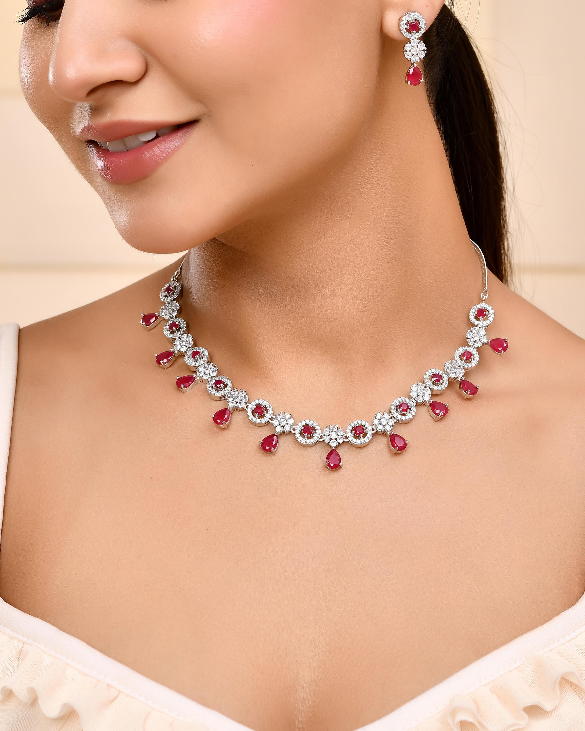 VOJ Silver Plated White And Marron AD Studded Circular Shape Jewellery Set - Distacart