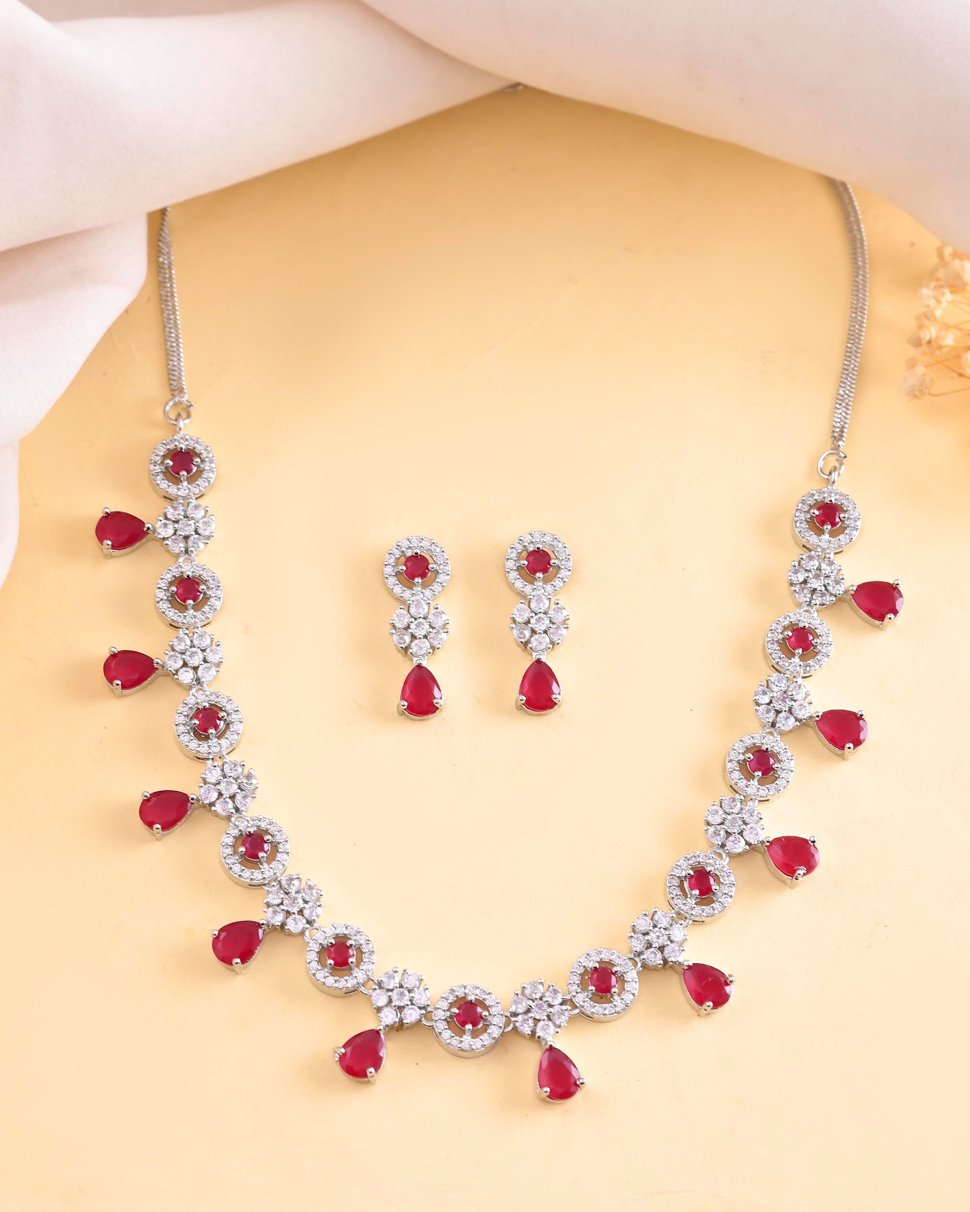 VOJ Silver Plated White And Marron AD Studded Circular Shape Jewellery Set - Distacart