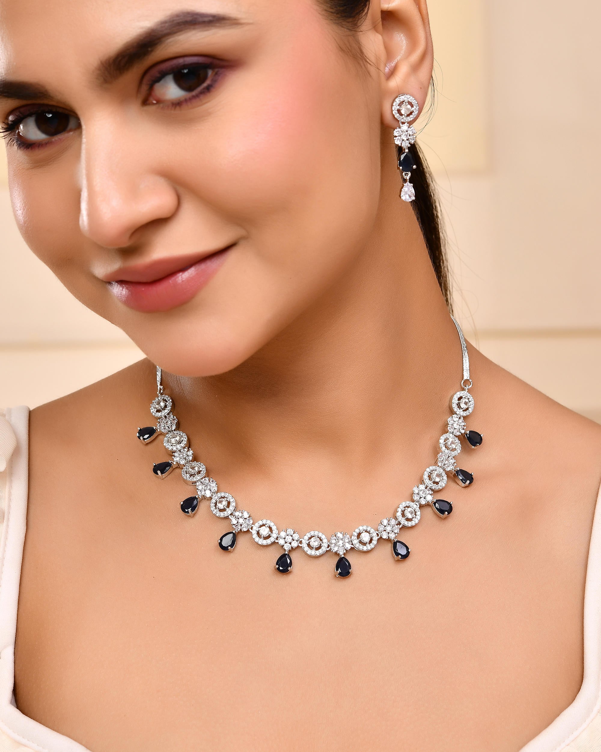 VOJ Silver Plated AD Studded Circular Shape With Black Stones Jewellery Set - Distacart