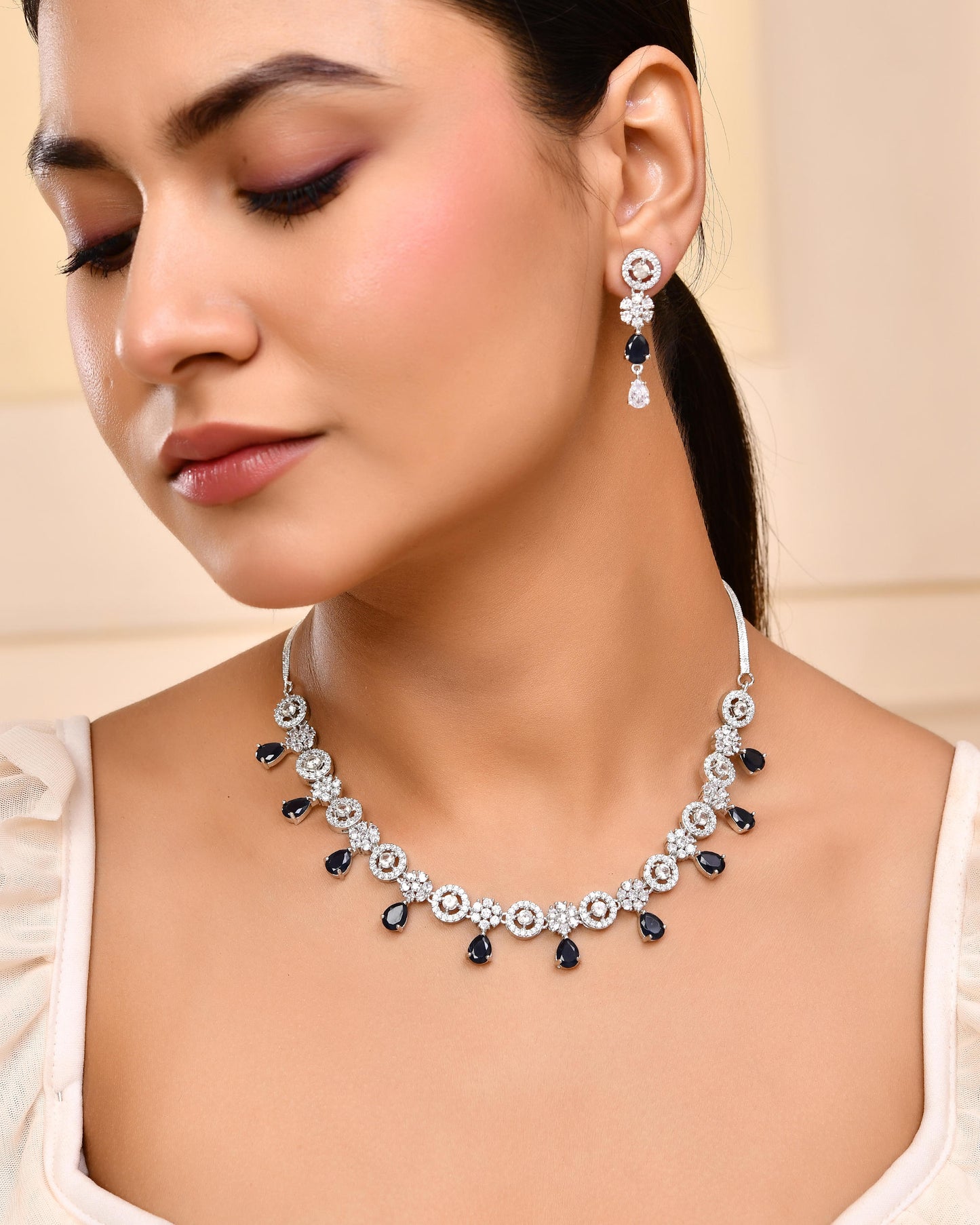 VOJ Silver Plated AD Studded Circular Shape With Black Stones Jewellery Set - Distacart