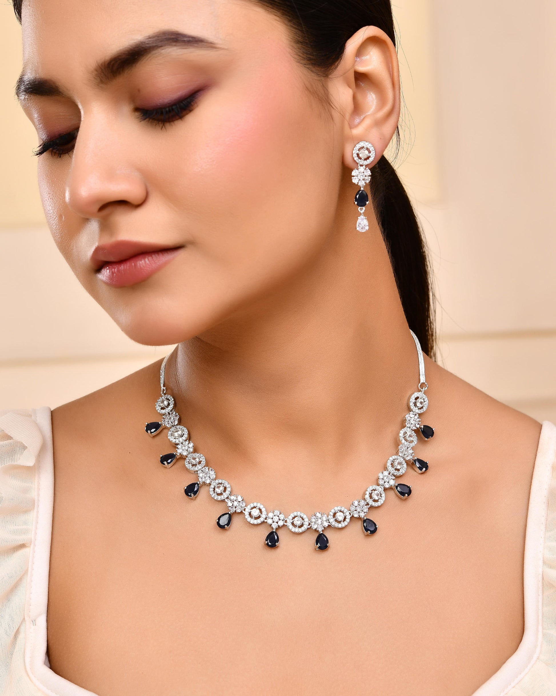 VOJ Silver Plated AD Studded Circular Shape With Black Stones Jewellery Set - Distacart