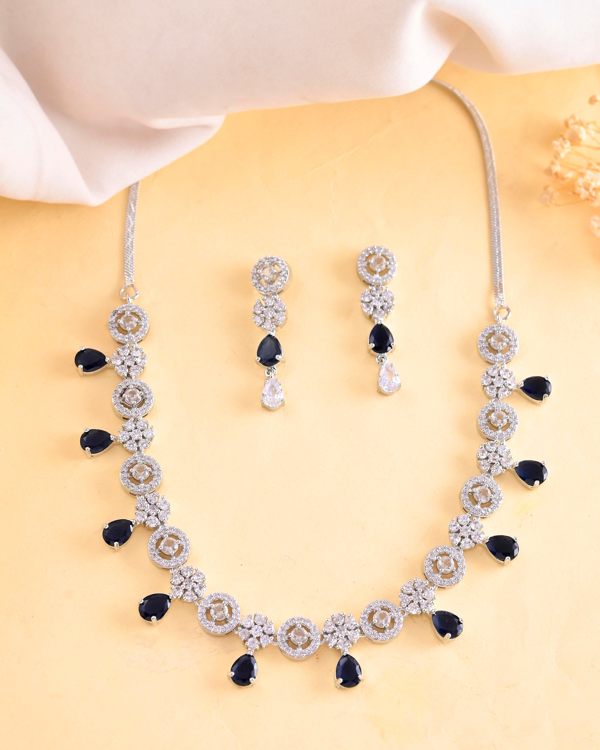 VOJ Silver Plated AD Studded Circular Shape With Black Stones Jewellery Set - Distacart