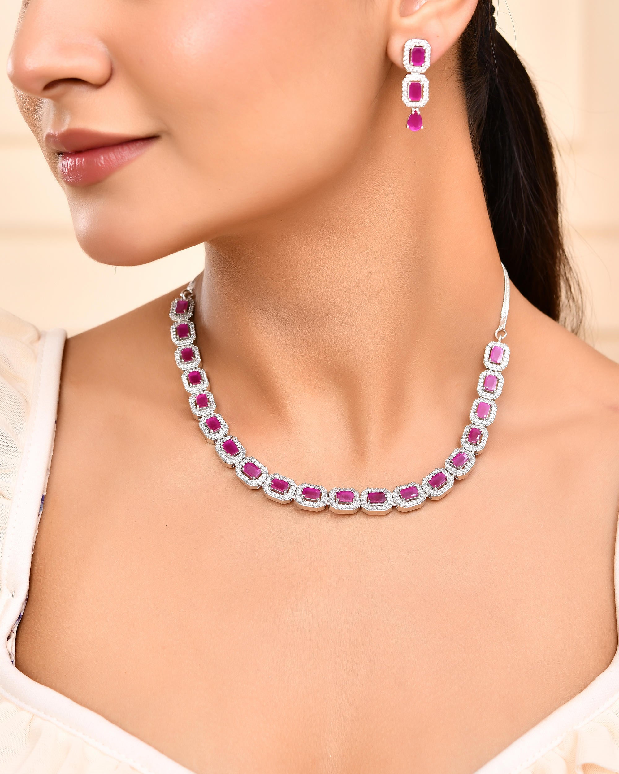 VOJ Silver Plated Pink Stone Studded Rectangular AD Jewellery Set - Distacart