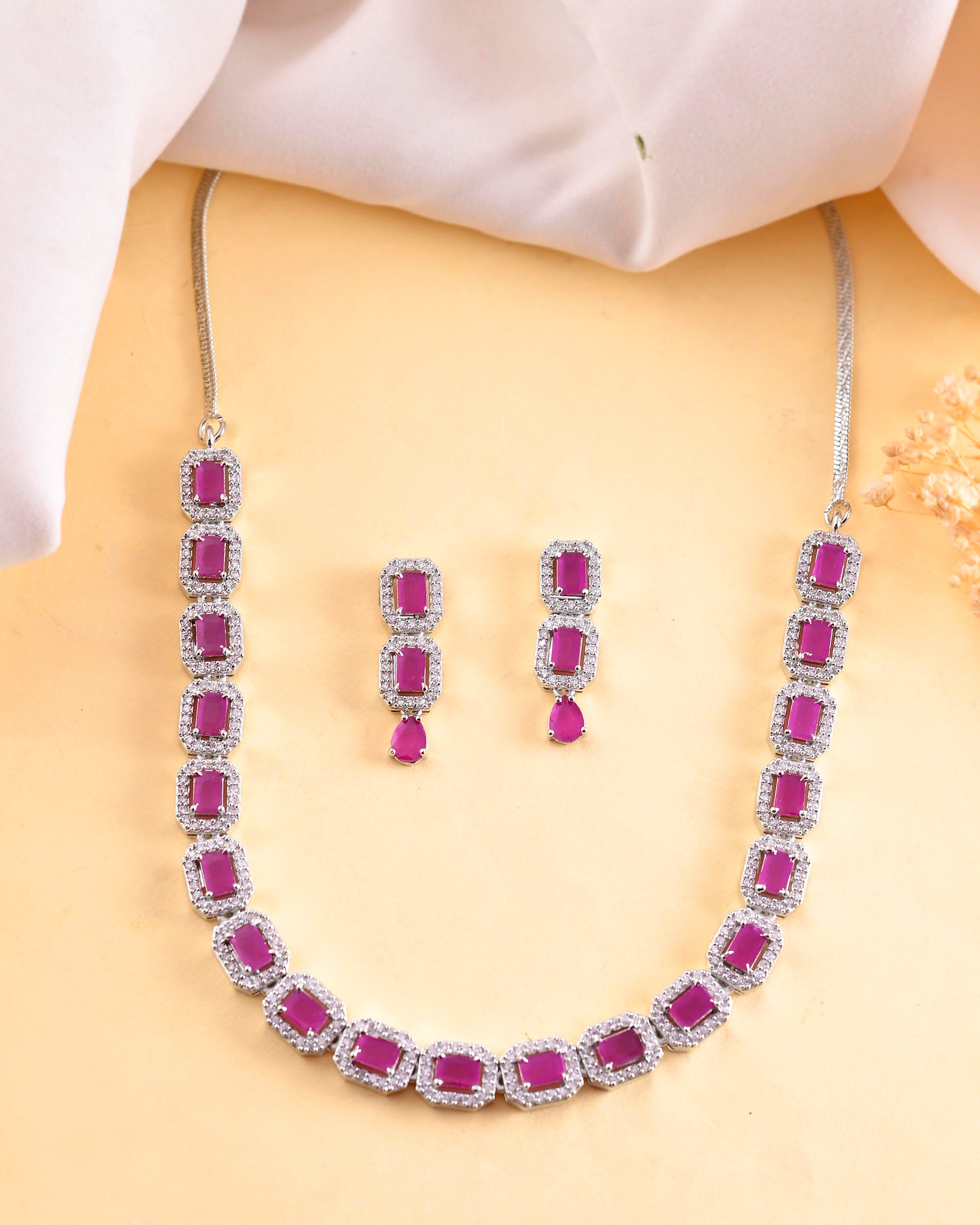 VOJ Silver Plated Pink Stone Studded Rectangular AD Jewellery Set - Distacart