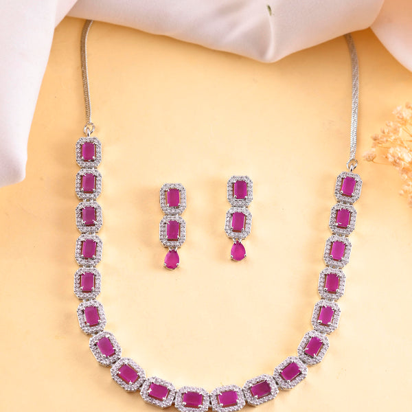 VOJ Silver Plated Pink Stone Studded Rectangular AD Jewellery Set - Distacart