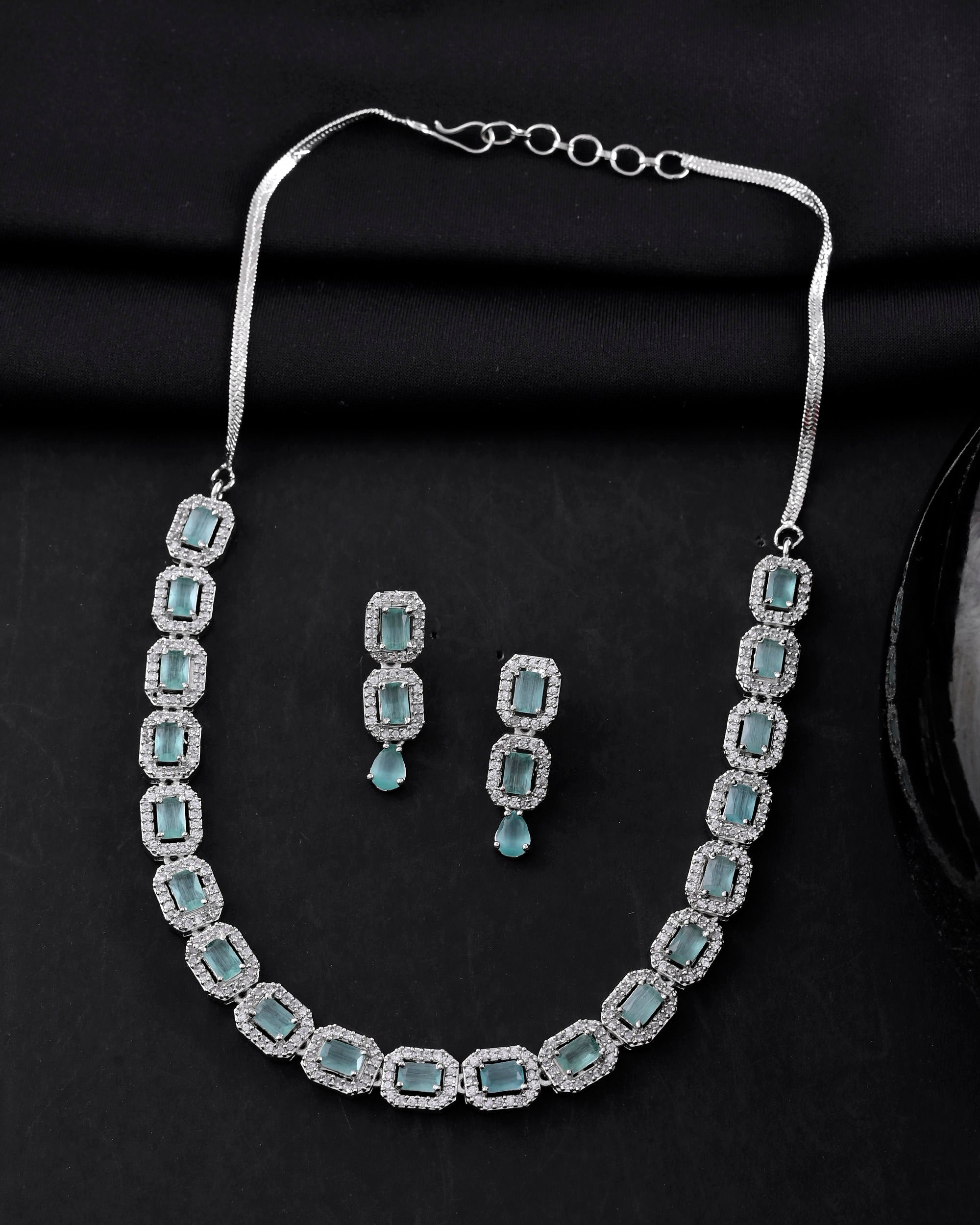 VOJ Silver Plated Sea Green Stone Studded Rectangular AD Jewellery Set - Distacart