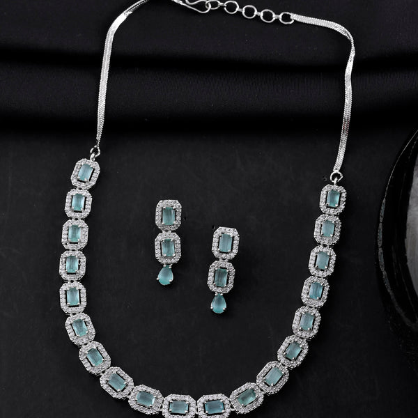 VOJ Silver Plated Sea Green Stone Studded Rectangular AD Jewellery Set - Distacart