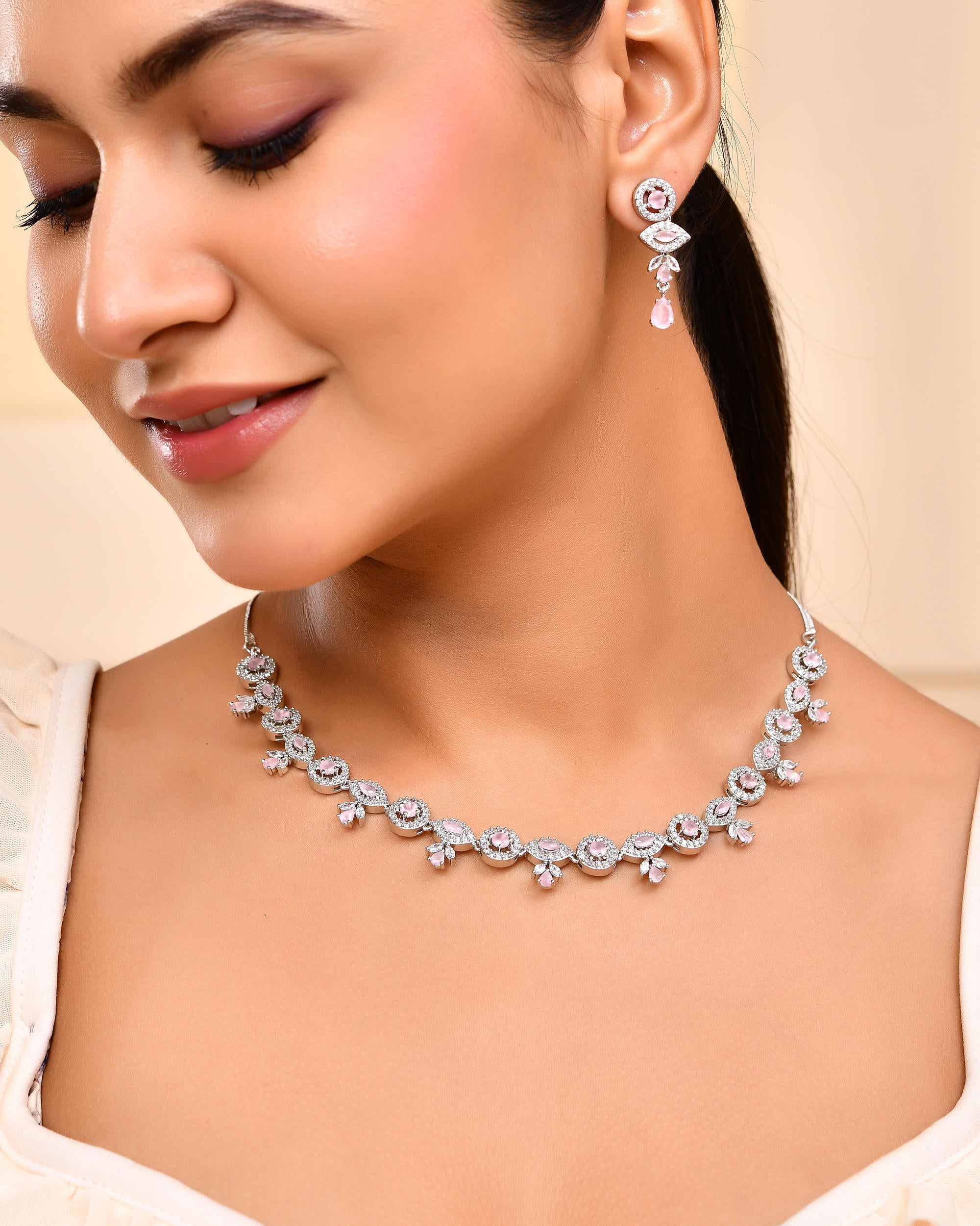 VOJ Silver Toned White And Baby Pink Stone Studded AD Jewellery Set - Distacart