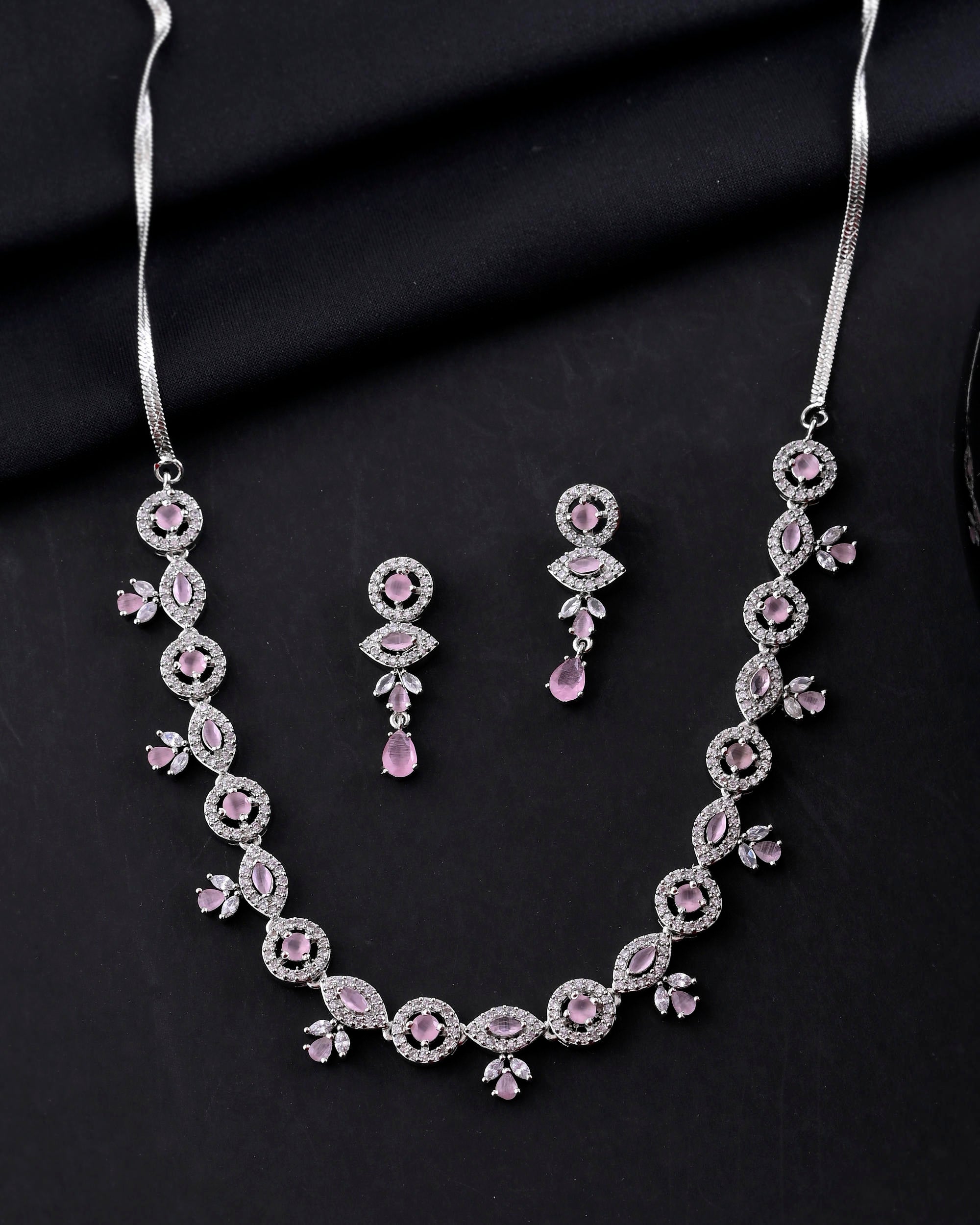 VOJ Silver Toned White And Baby Pink Stone Studded AD Jewellery Set - Distacart