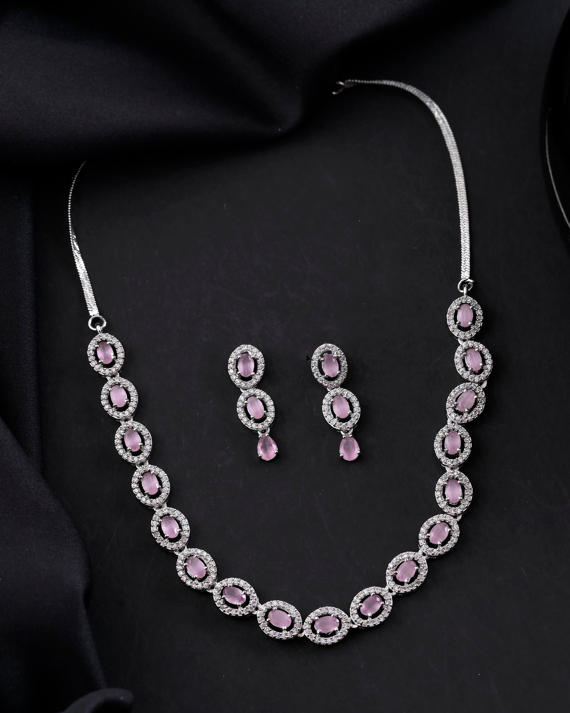 VOJ Silver Toned Baby Pink Stone Studded Circular AD Jewellery Set - Distacart