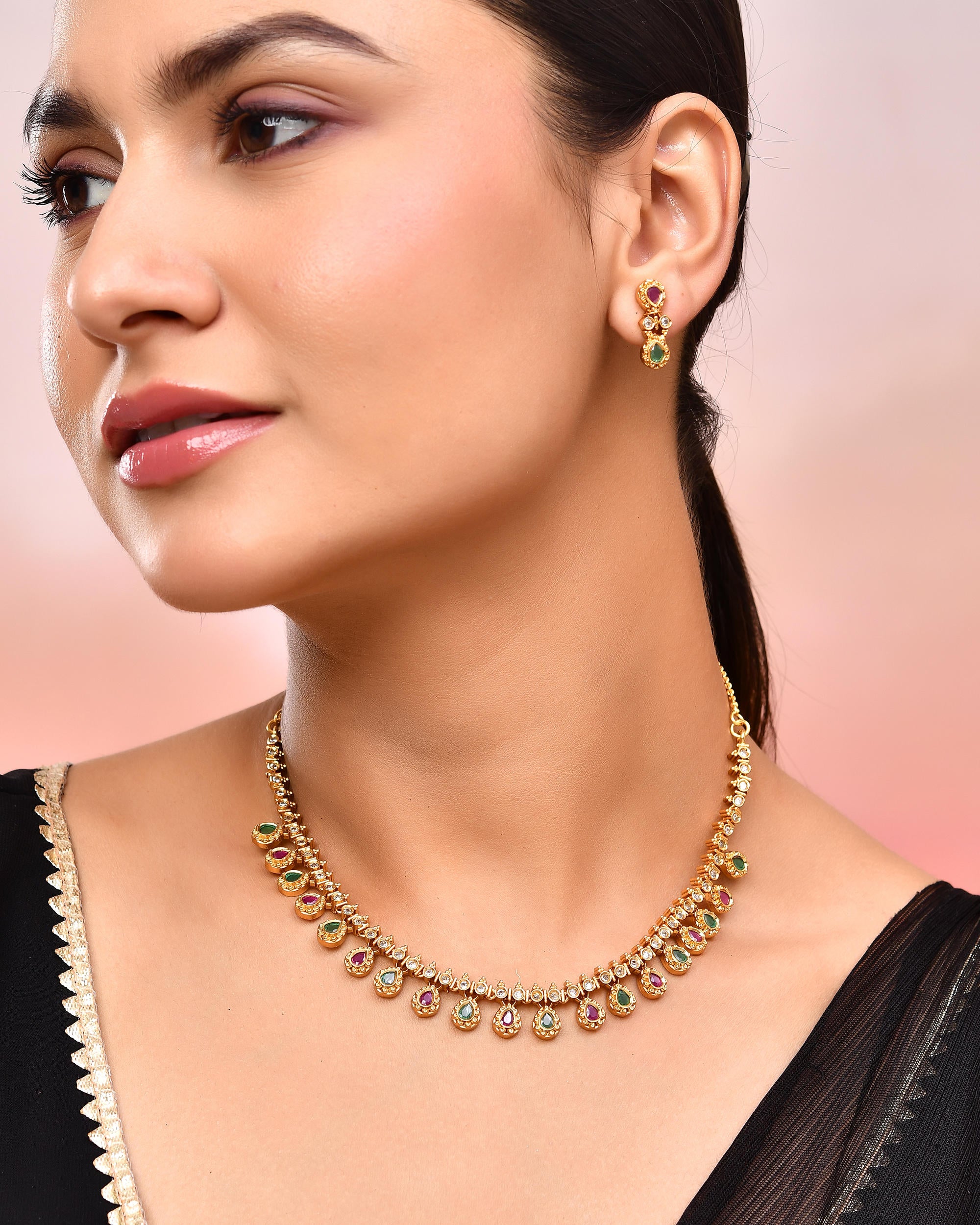 VOJ Gold Toned AD Stone Studded Classic Jewellery Set - Distacart