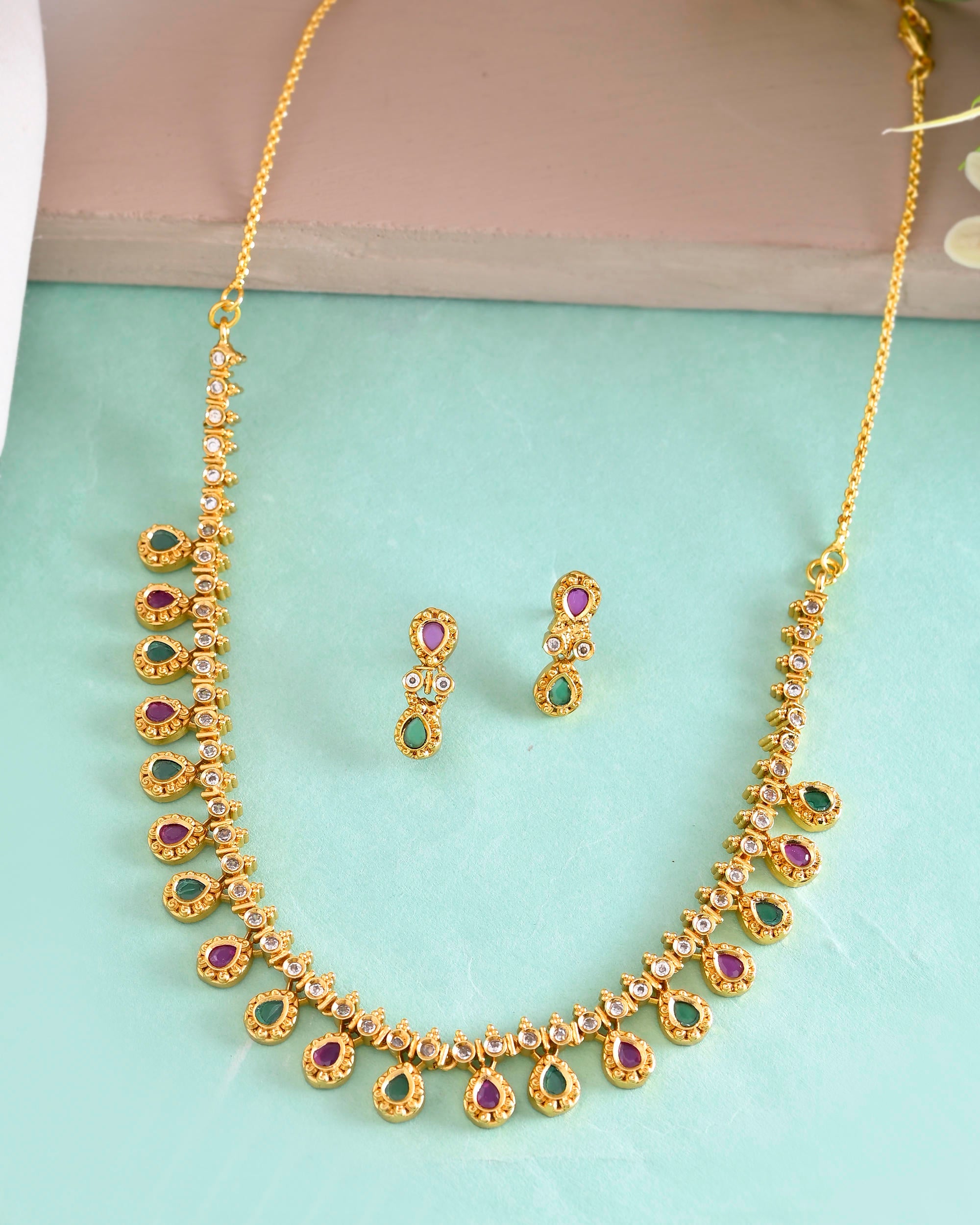 VOJ Gold Toned AD Stone Studded Classic Jewellery Set - Distacart