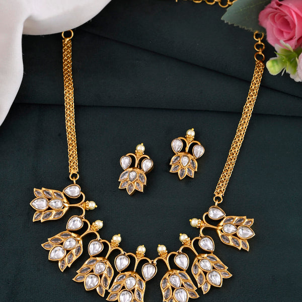 VOJ Gold-Polished Floral Shaped Stone Studded Designer Jewellery Set - Distacart