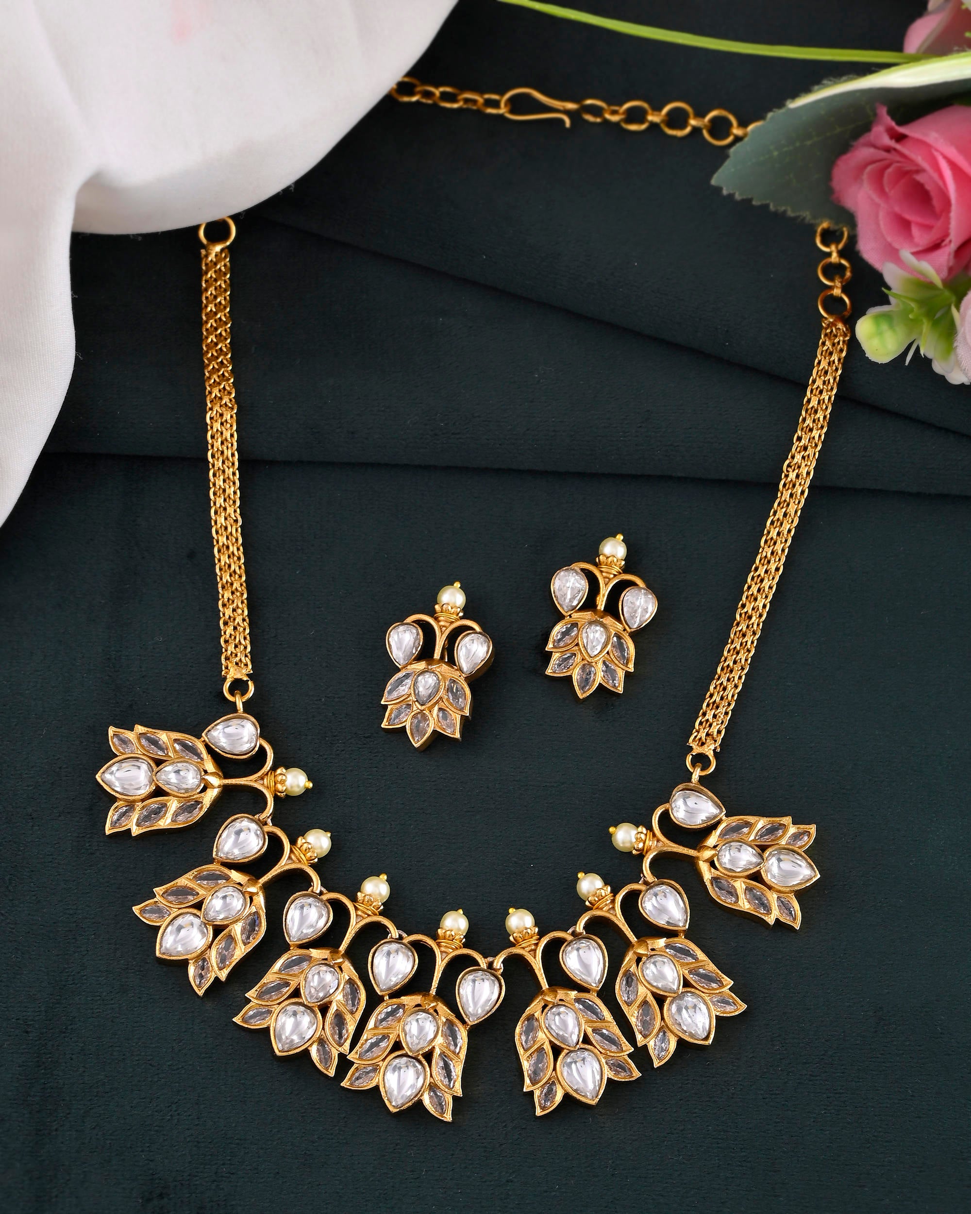 VOJ Gold-Polished Floral Shaped Stone Studded Designer Jewellery Set - Distacart