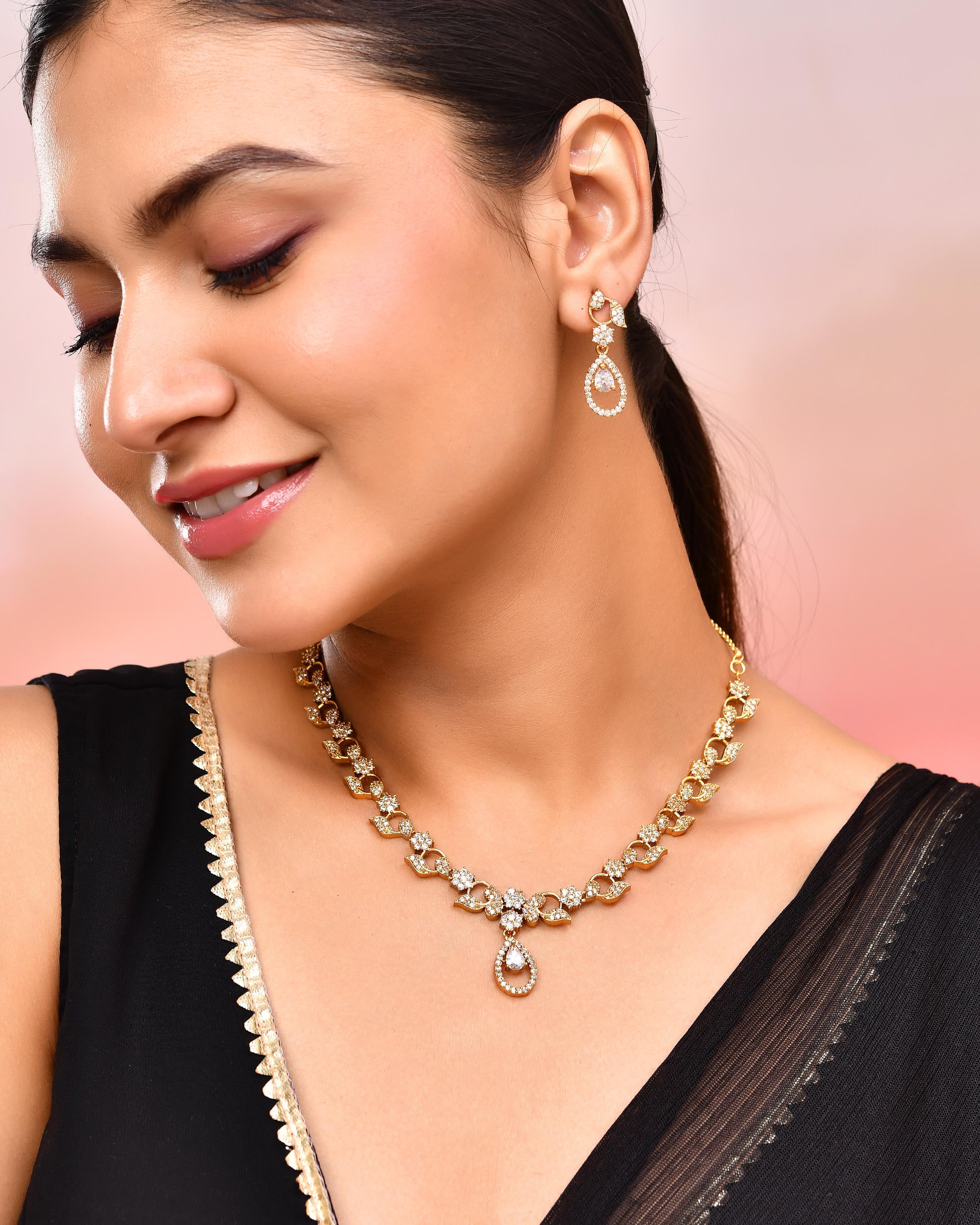 VOJ Gold-Polished Floral Shaped AD Studded Elgent Jewellery Set - Distacart