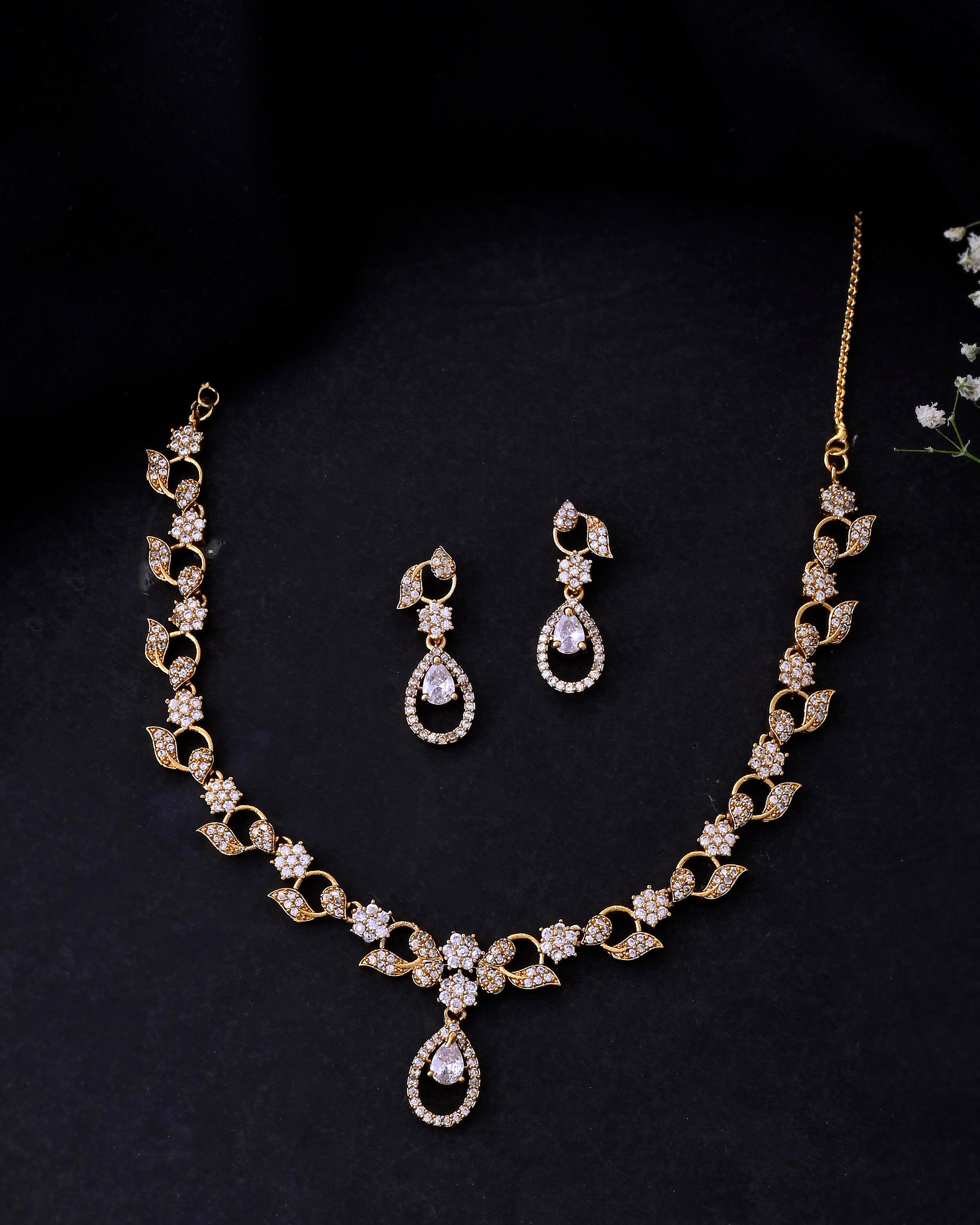 VOJ Gold-Polished Floral Shaped AD Studded Elgent Jewellery Set - Distacart