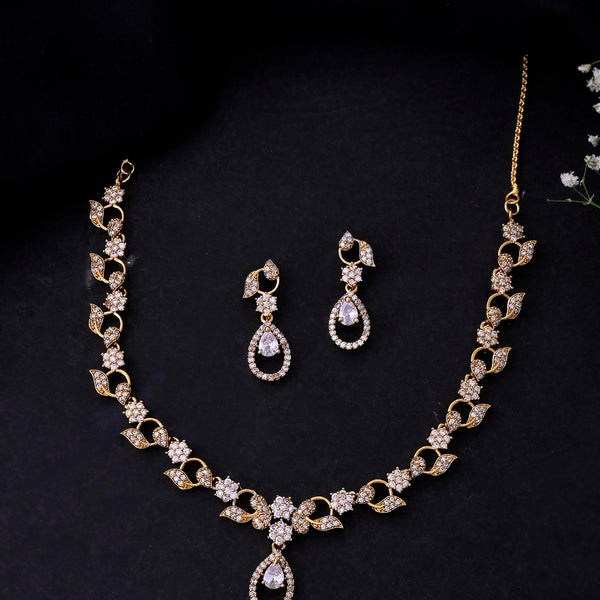 VOJ Gold-Polished Floral Shaped AD Studded Elgent Jewellery Set - Distacart