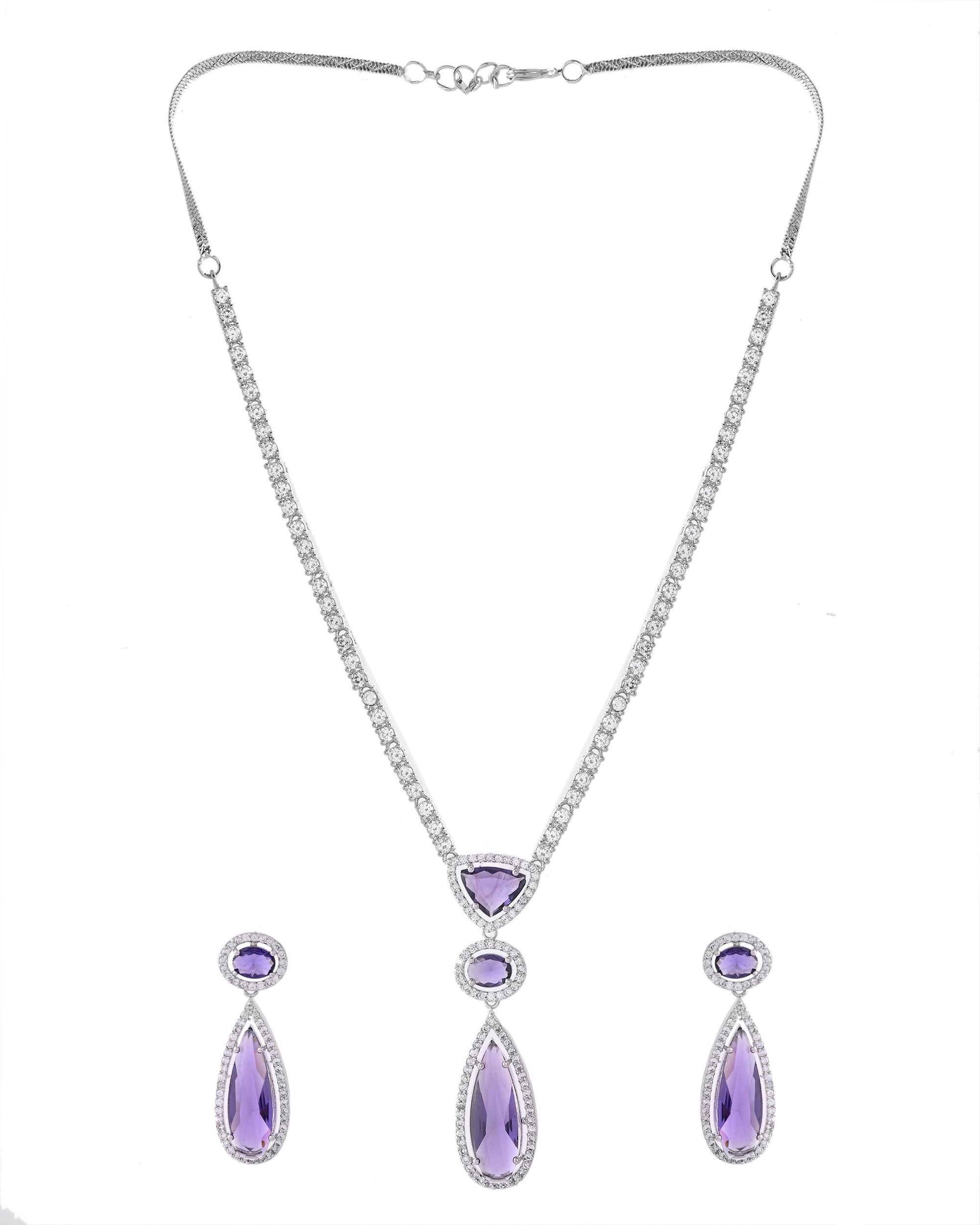 VOJ Silver Plated Purple AD & Cubic Zirconia Studded Necklace Set