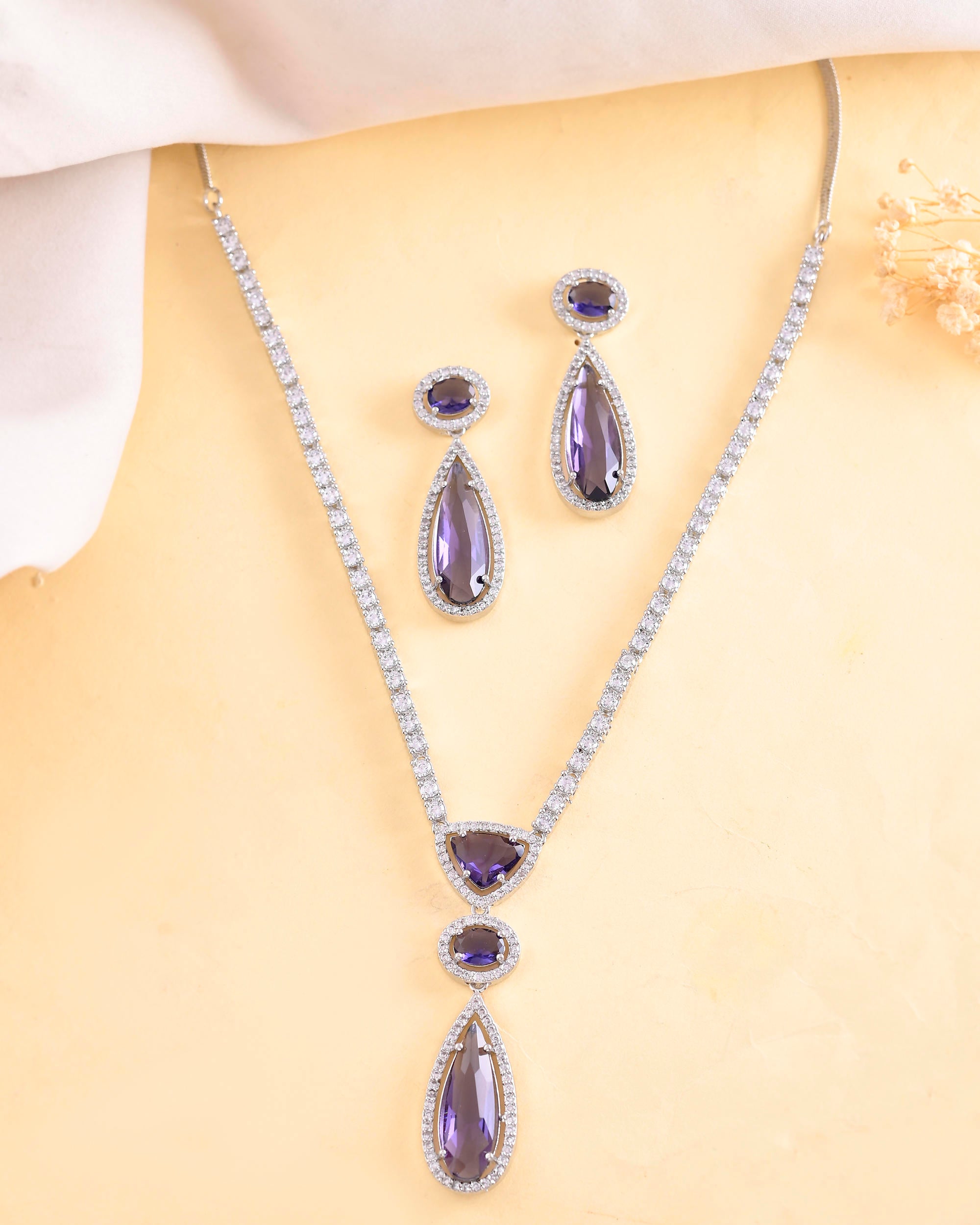 VOJ Silver Plated Purple AD & Cubic Zirconia Studded Necklace Set - Distacart