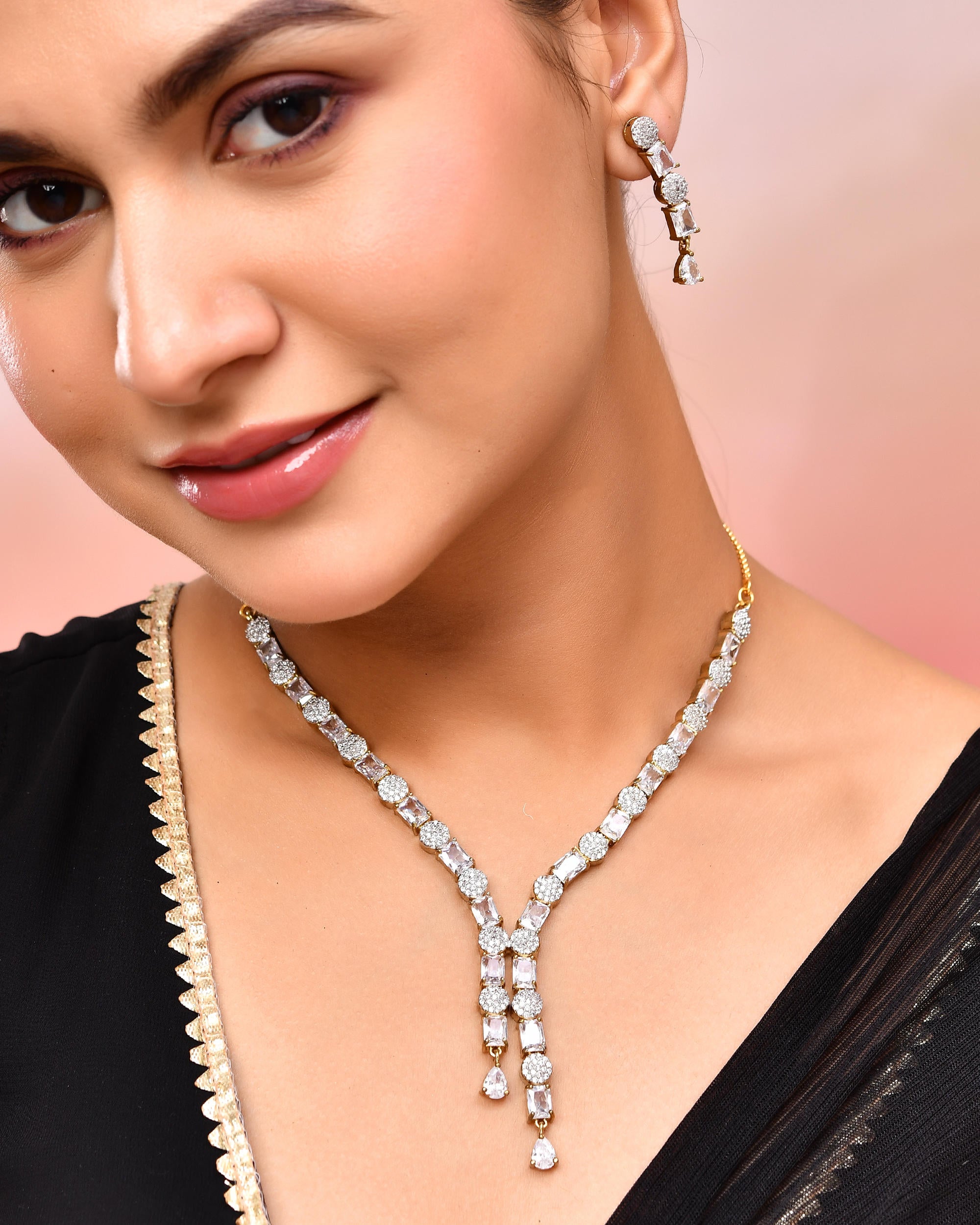 VOJ Gold Toned AD Stone Studded Necklace Set - Distacart