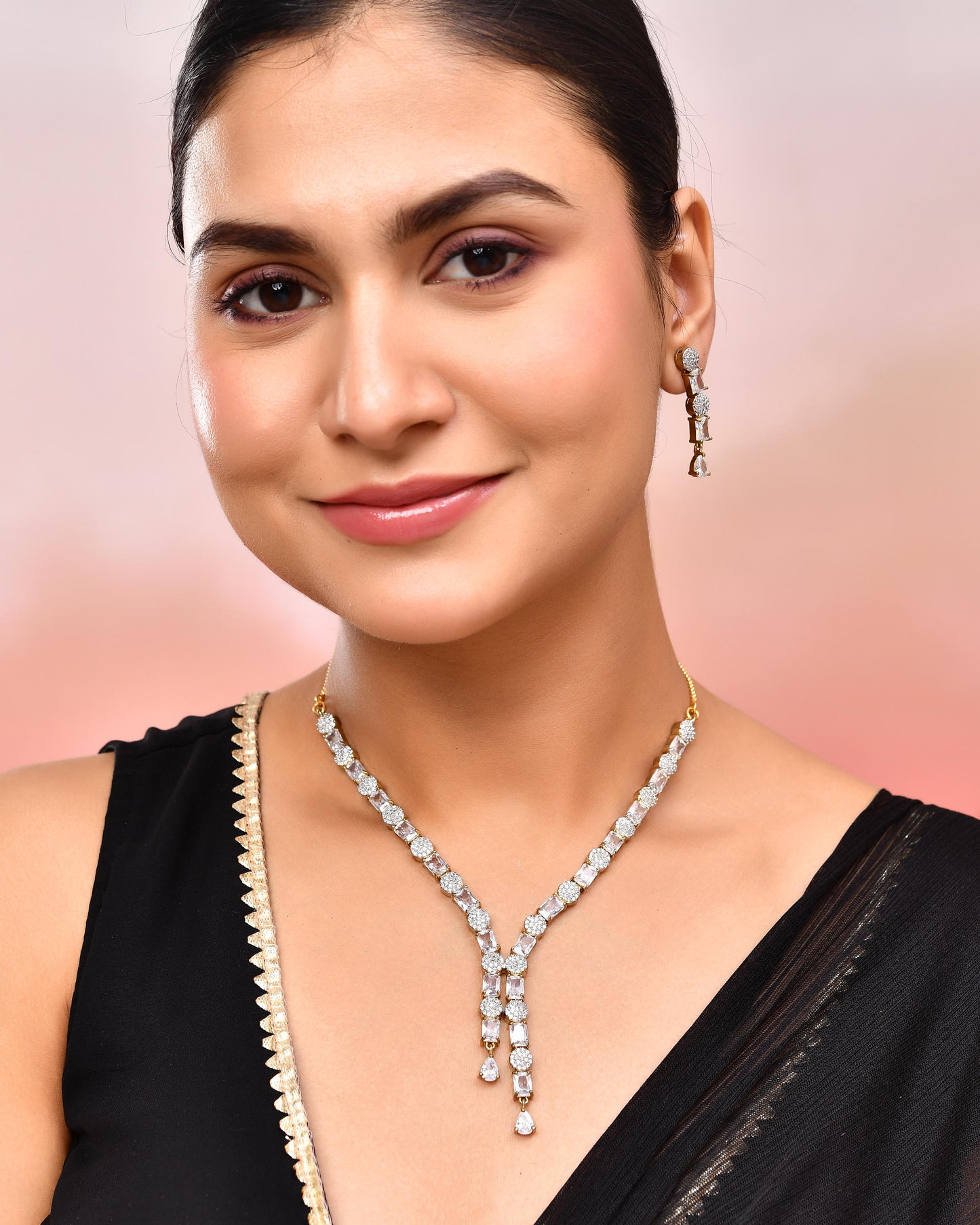 VOJ Gold Toned AD Stone Studded Necklace Set - Distacart