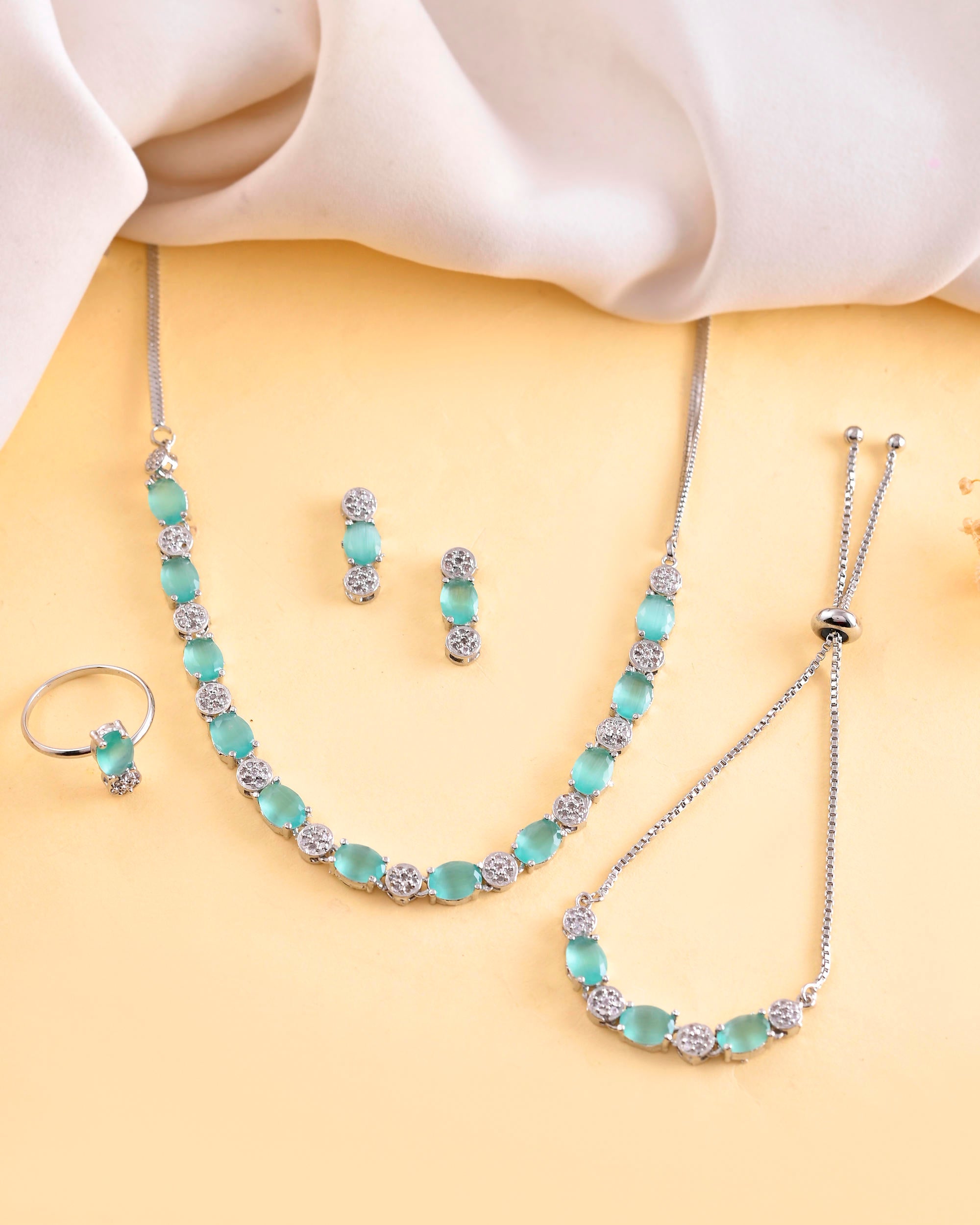 VOJ Silver Plated Teal Stone Studded Necklace Set With Ring And bracelet - Distacart