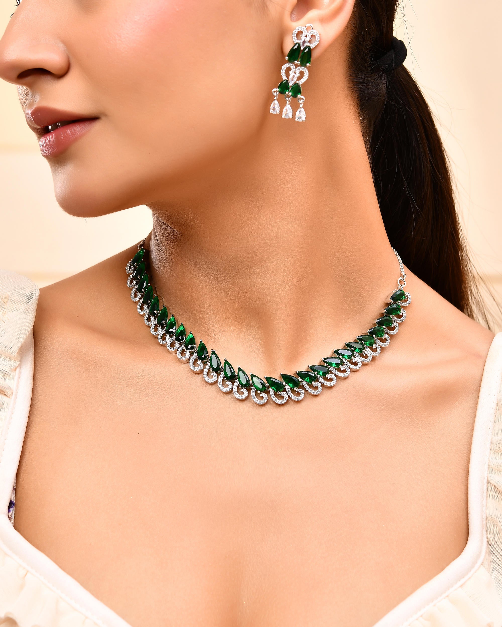 VOJ Silver Plated AD And Green Stone Tear Drop Shaped Necklace Set - Distacart