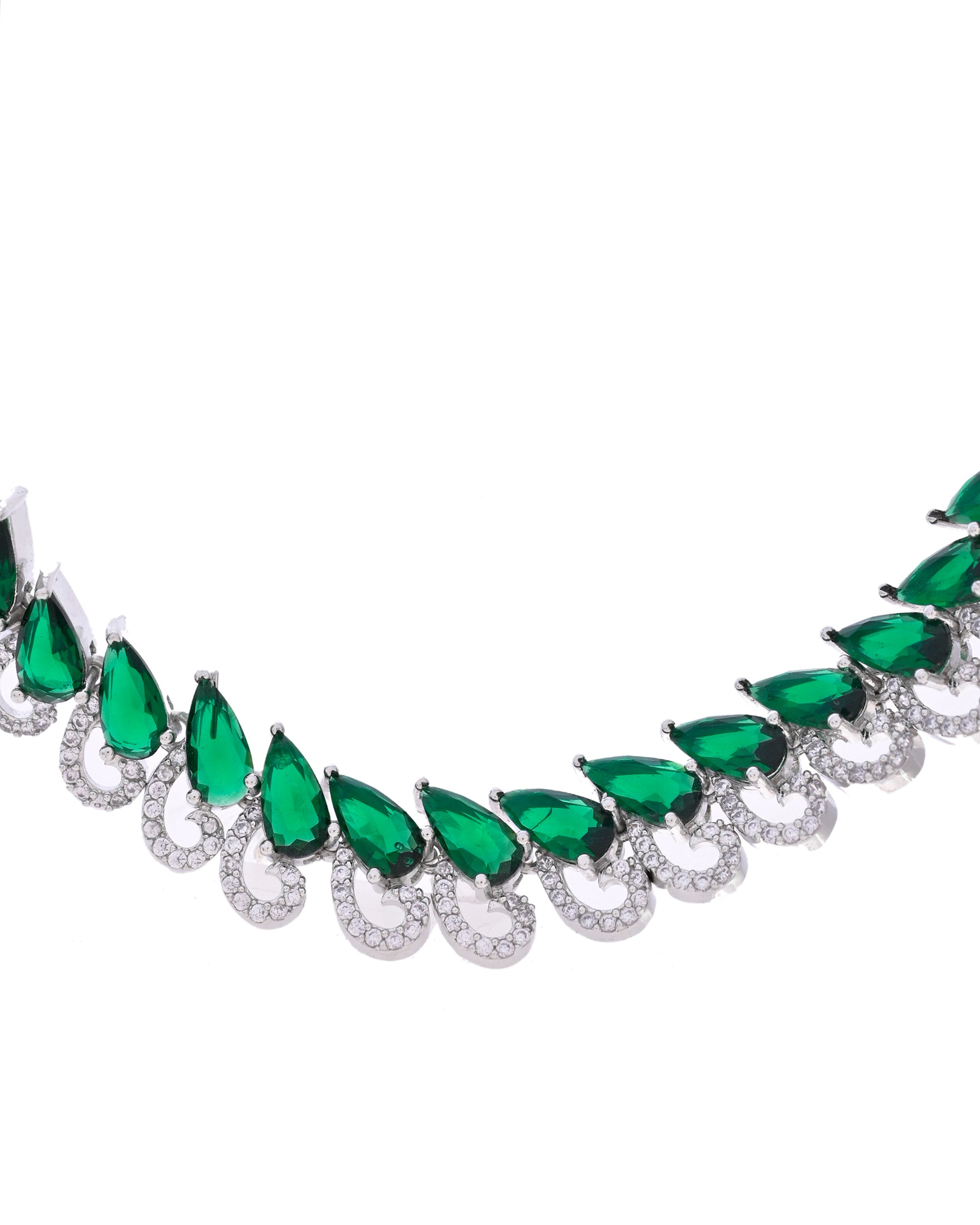 VOJ Silver Plated AD And Green Stone Tear Drop Shaped Necklace Set